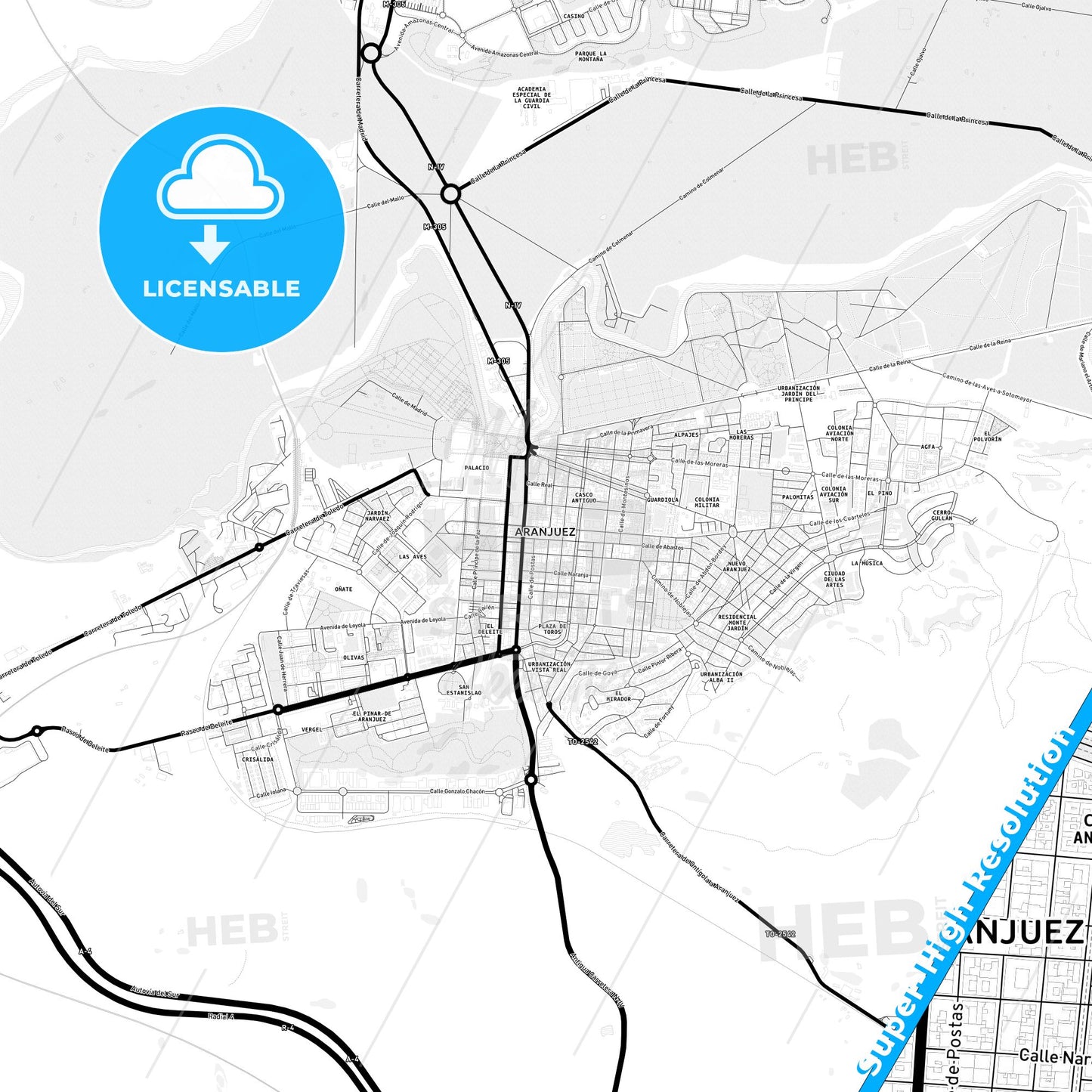 Aranjuez, Spain Light Map with Street Names, City Names, and Districts