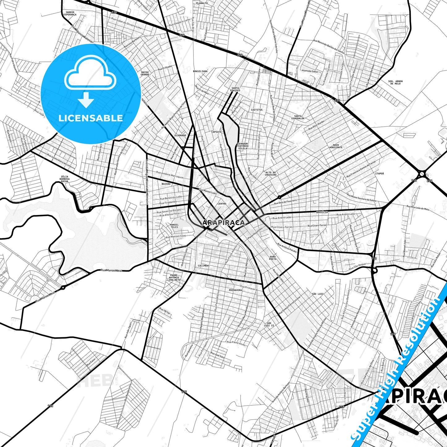 Arapiraca, Brazil Light Map with Street Names, City Names, and Districts
