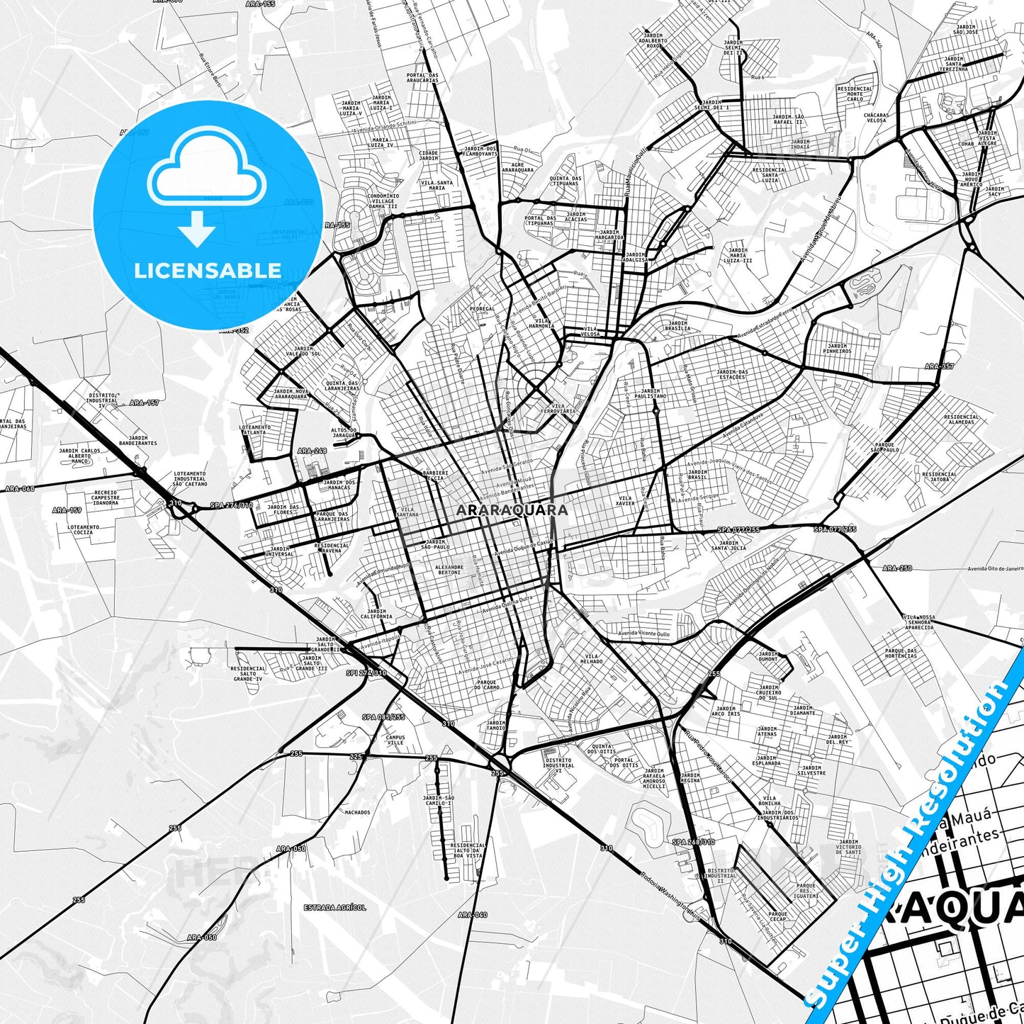 Araraquara, Brazil Light Map with Street Names, City Names, and Districts