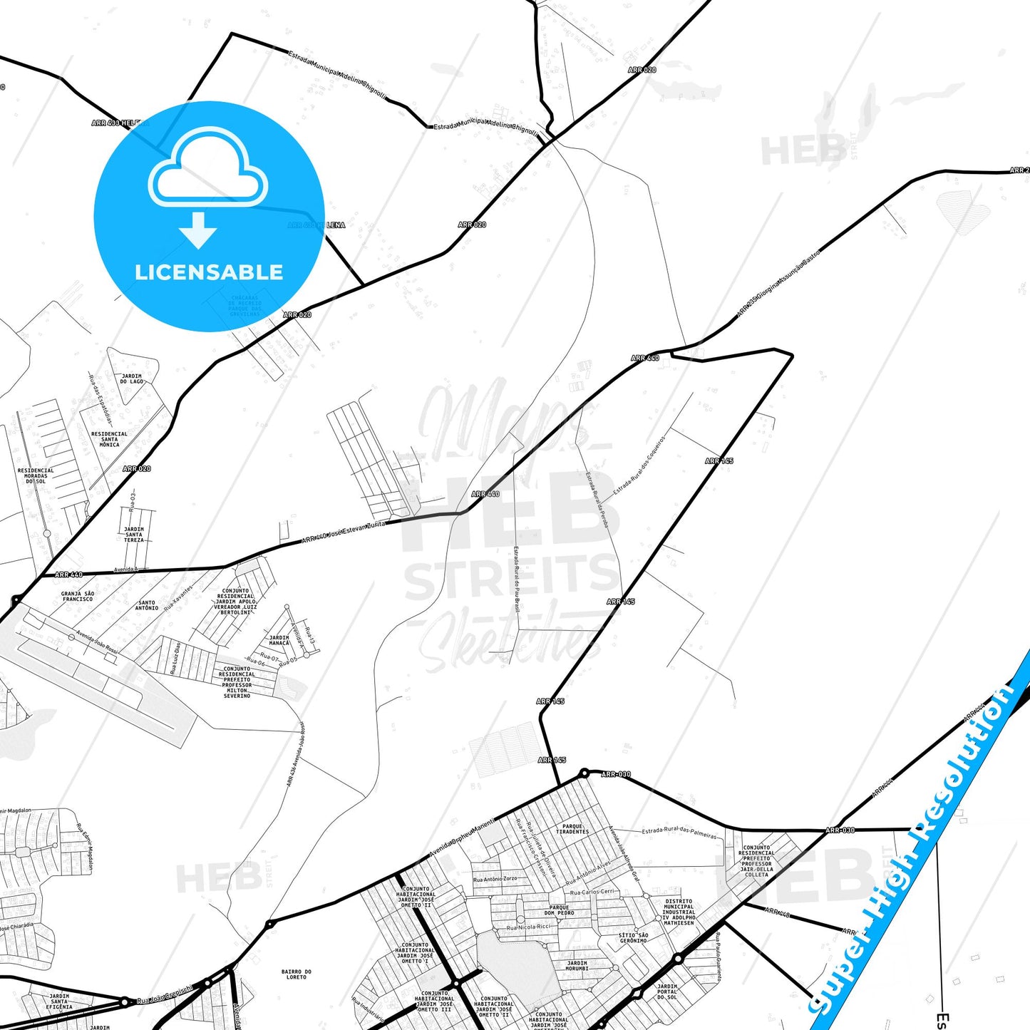Araras, Brazil Light Map with Street Names, City Names, and Districts
