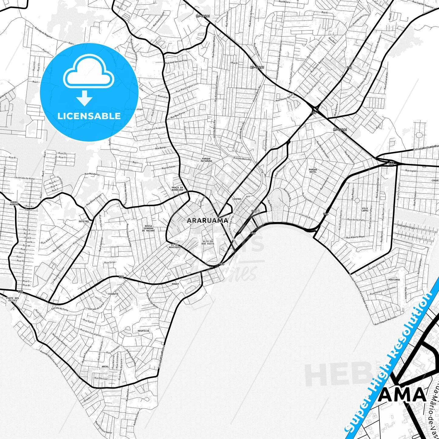 Araruama, Brazil Light Map with Street Names, City Names, and Districts