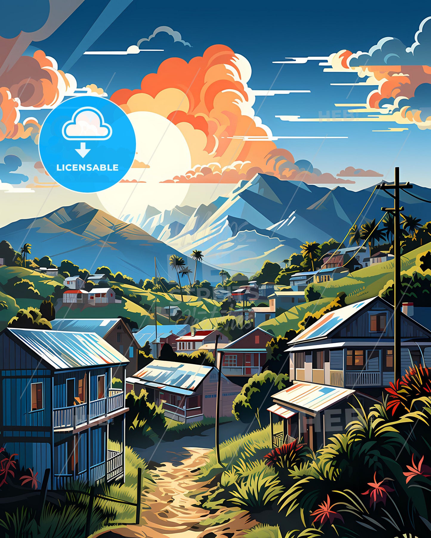 Vibrant Papua New Guinea Village Skyline Landscape Painting