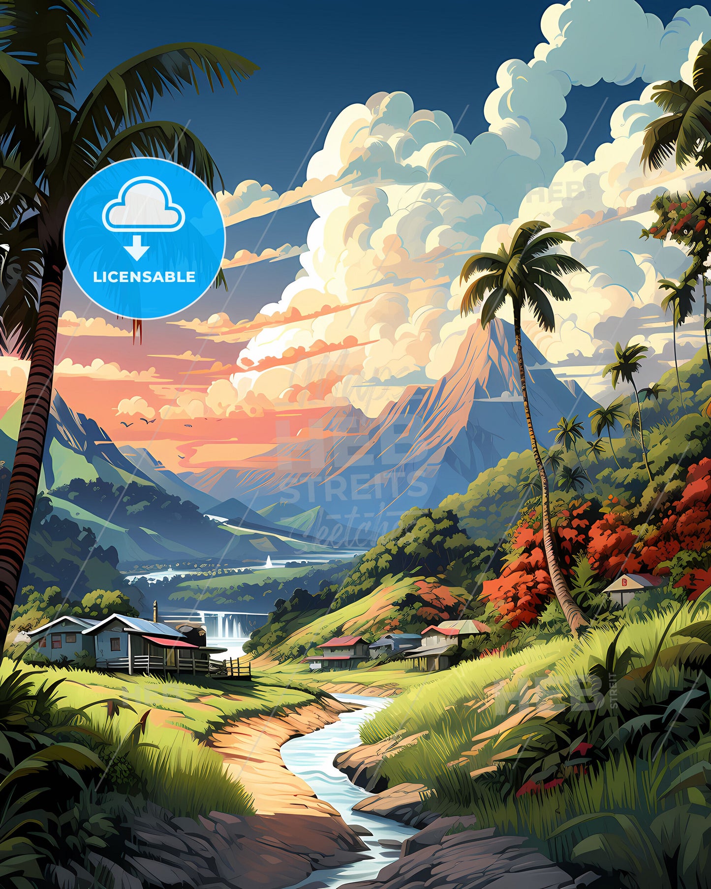 Panoramic Picture Depicting the Artistic Landscape of Arawa, Papua New Guinea, Featuring a River, Dwellings, and Mountains