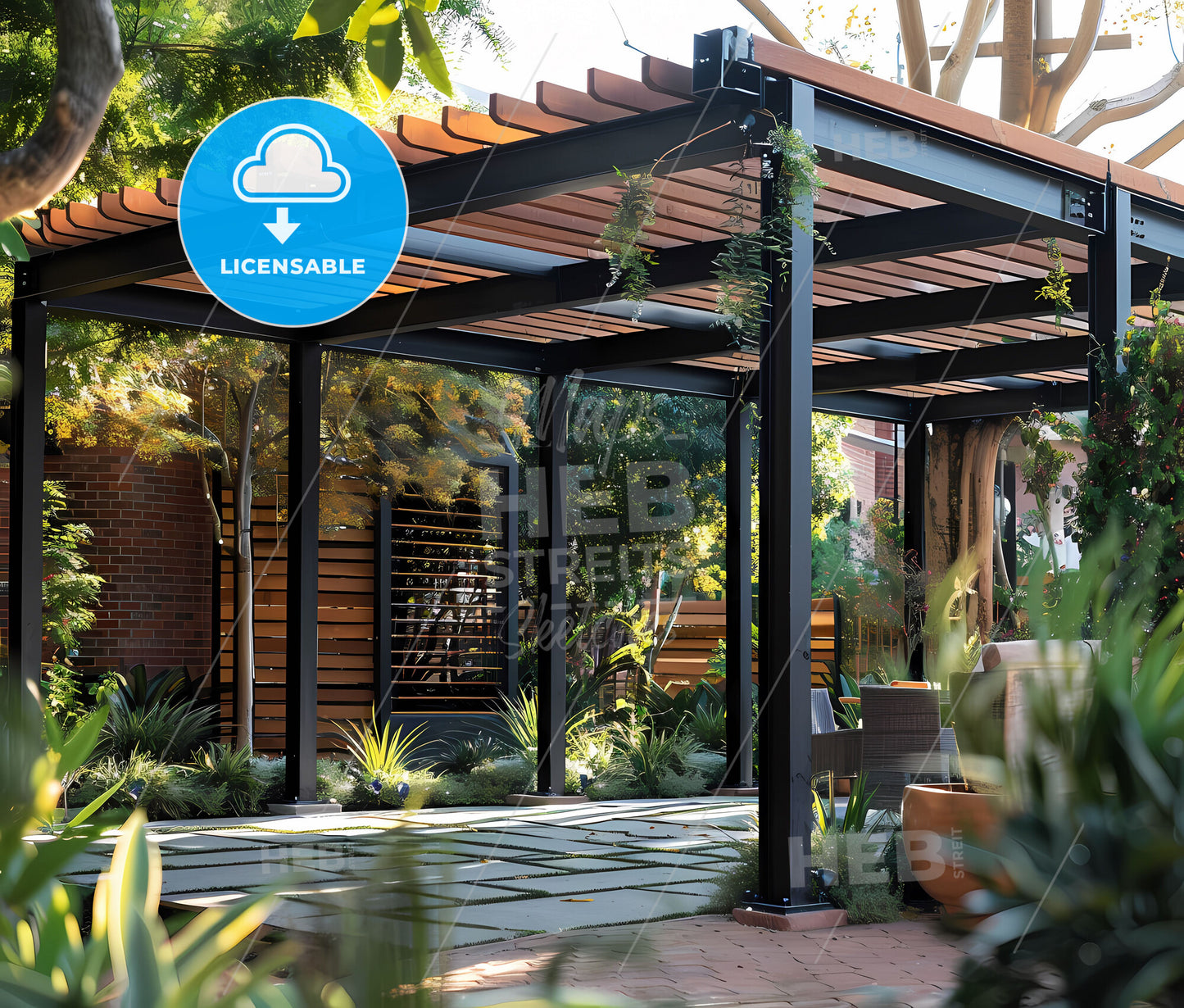 Vibrant Painting of Architectural Pergola: Wooden Patio Structure with Black Metal Framing