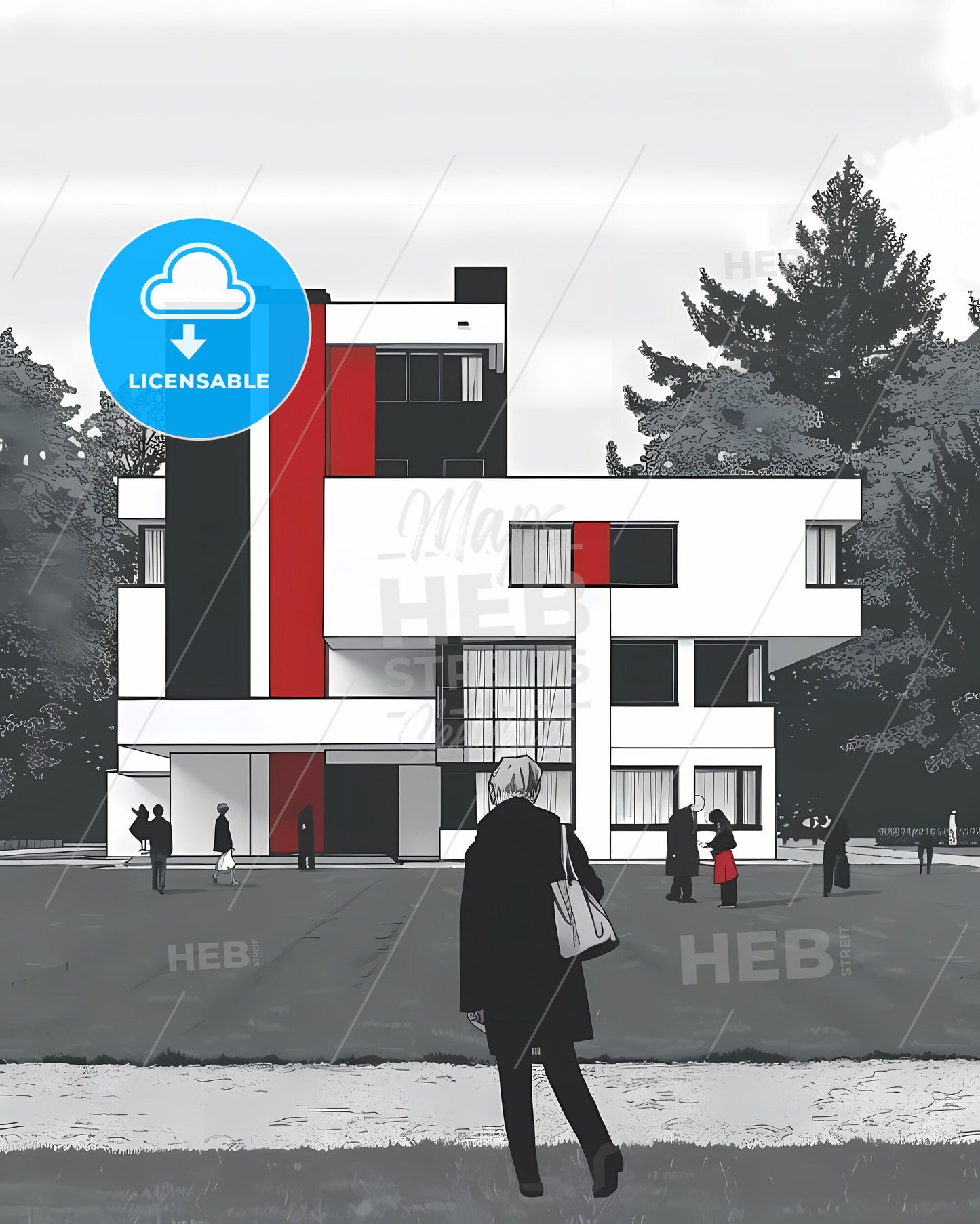 Black and white bauhaus minimalist poster design architecture city people building painting art vibrant