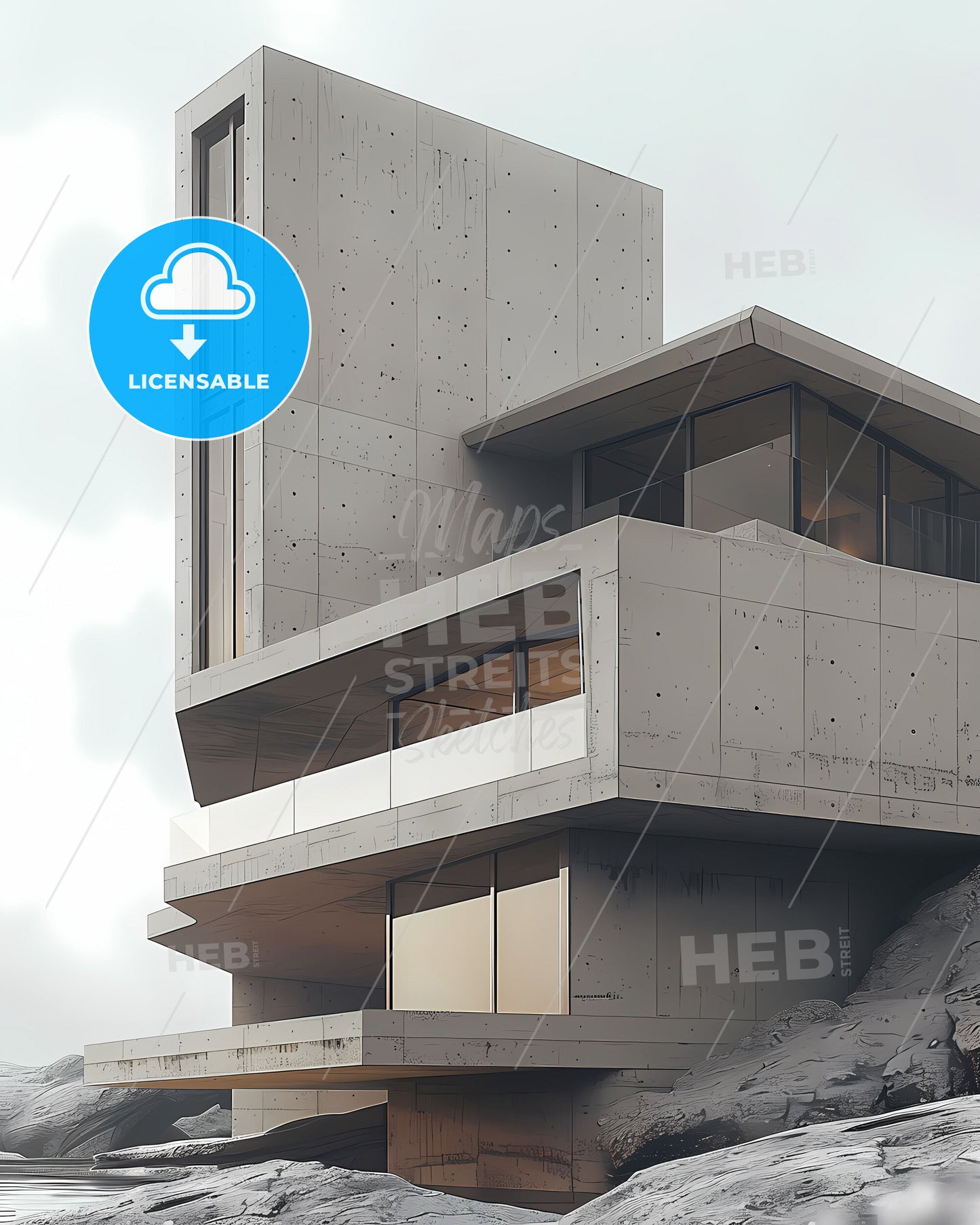 Minimalist Building Art - Vibrant Painting on a Scenic Hilltop