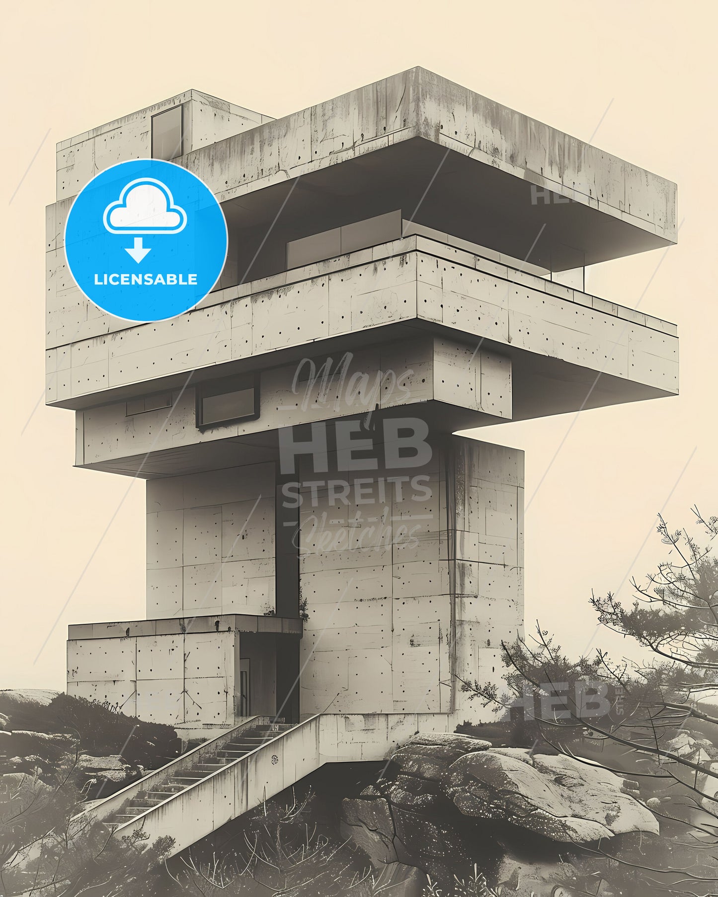 Abstract minimalist building art painting poster design with geometric shapes and vibrant colors, featuring a staircase and architectural elements