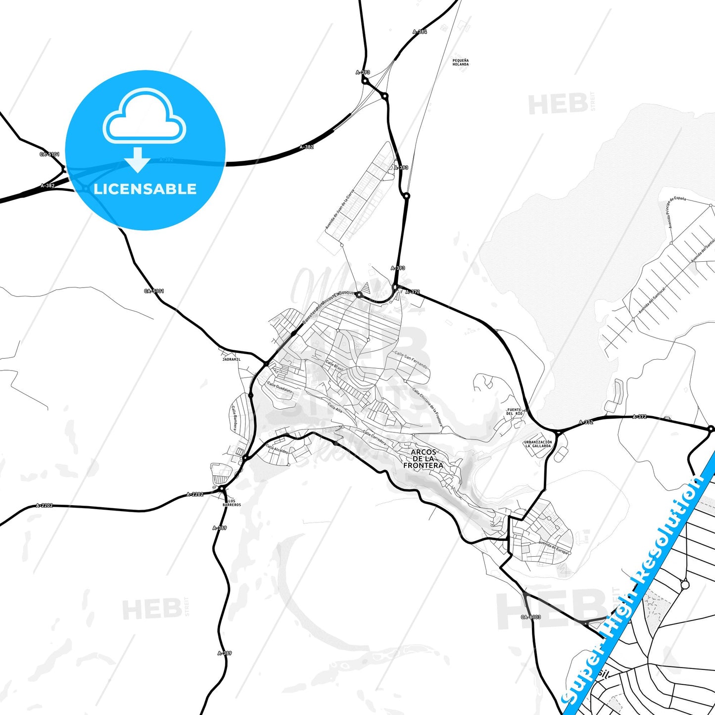 Arcos de la Frontera, Spain Light Map with Street Names, City Names, and Districts