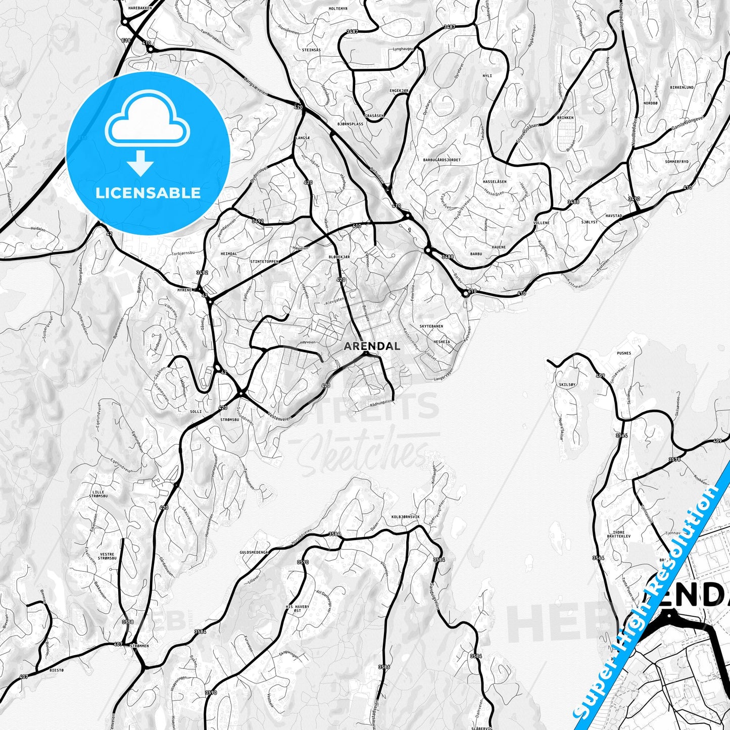 Arendal, Norway Light Map with Street Names, City Names, and Districts