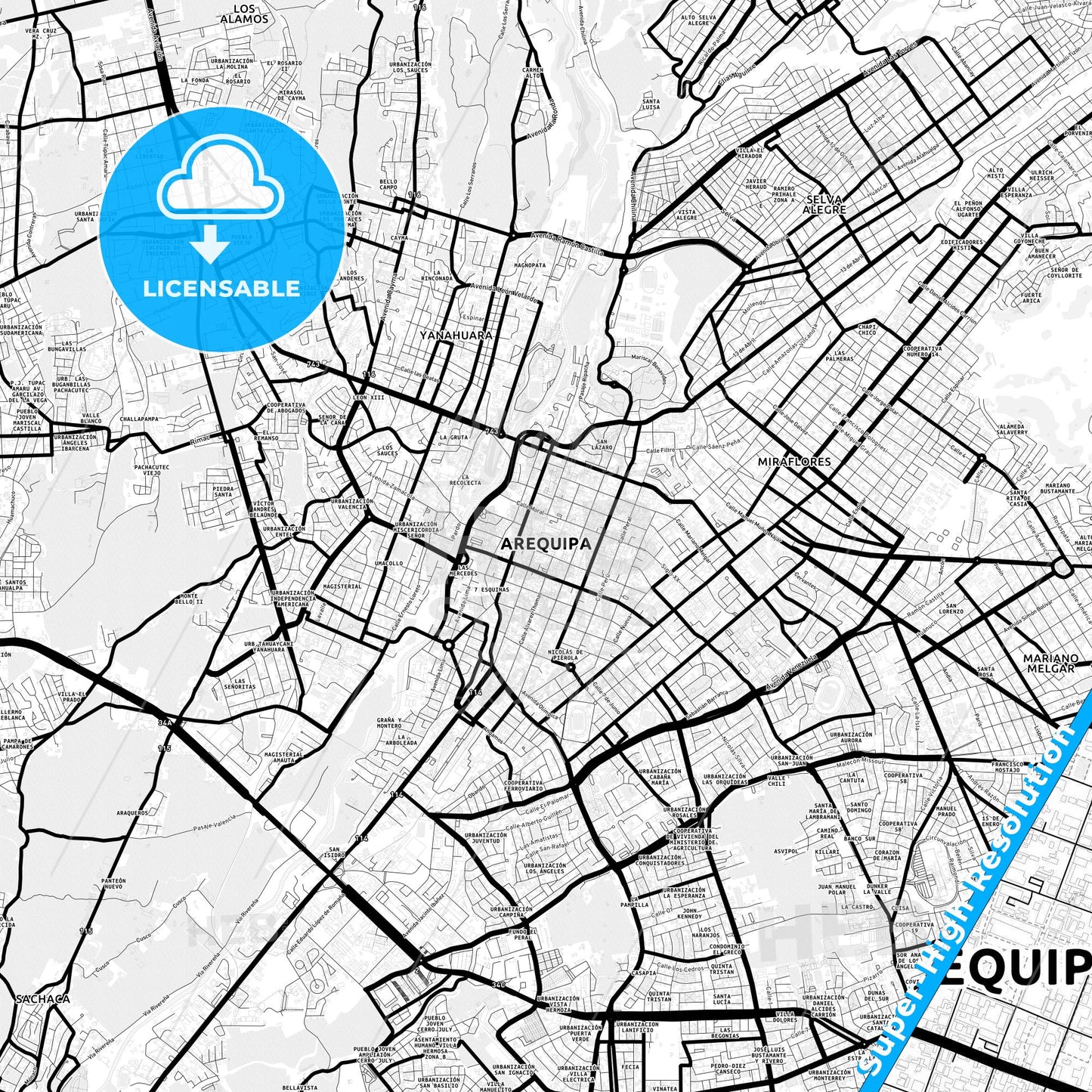 Arequipa, Peru Light Map with Street Names, City Names, and Districts