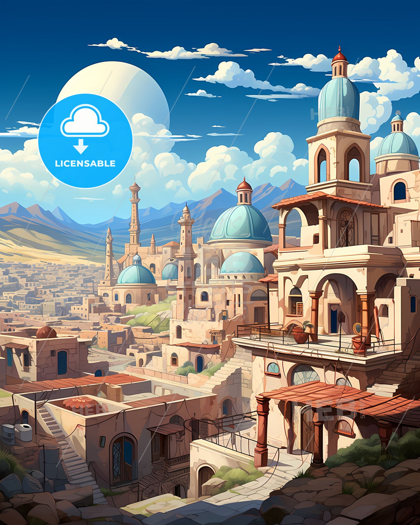 Artful City Skyline of Arequipa Peru with Azure Domes and Mountain Peaks