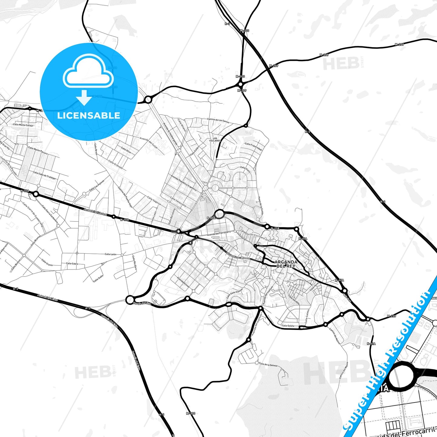 Arganda, Spain Light Map with Street Names, City Names, and Districts