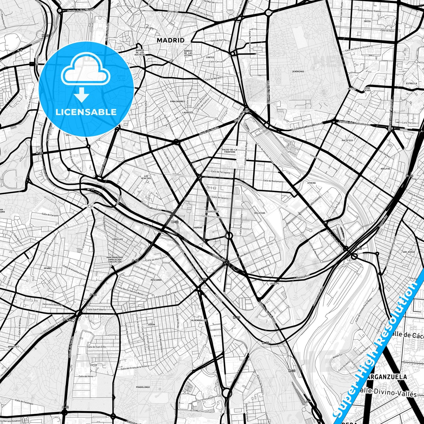 Arganzuela, Spain Light Map with Street Names, City Names, and Districts