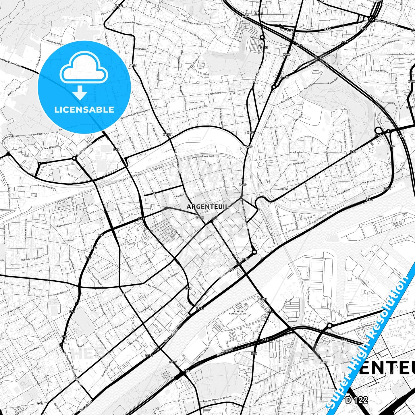 Argenteuil, France Light Map with Street Names, City Names, and Districts