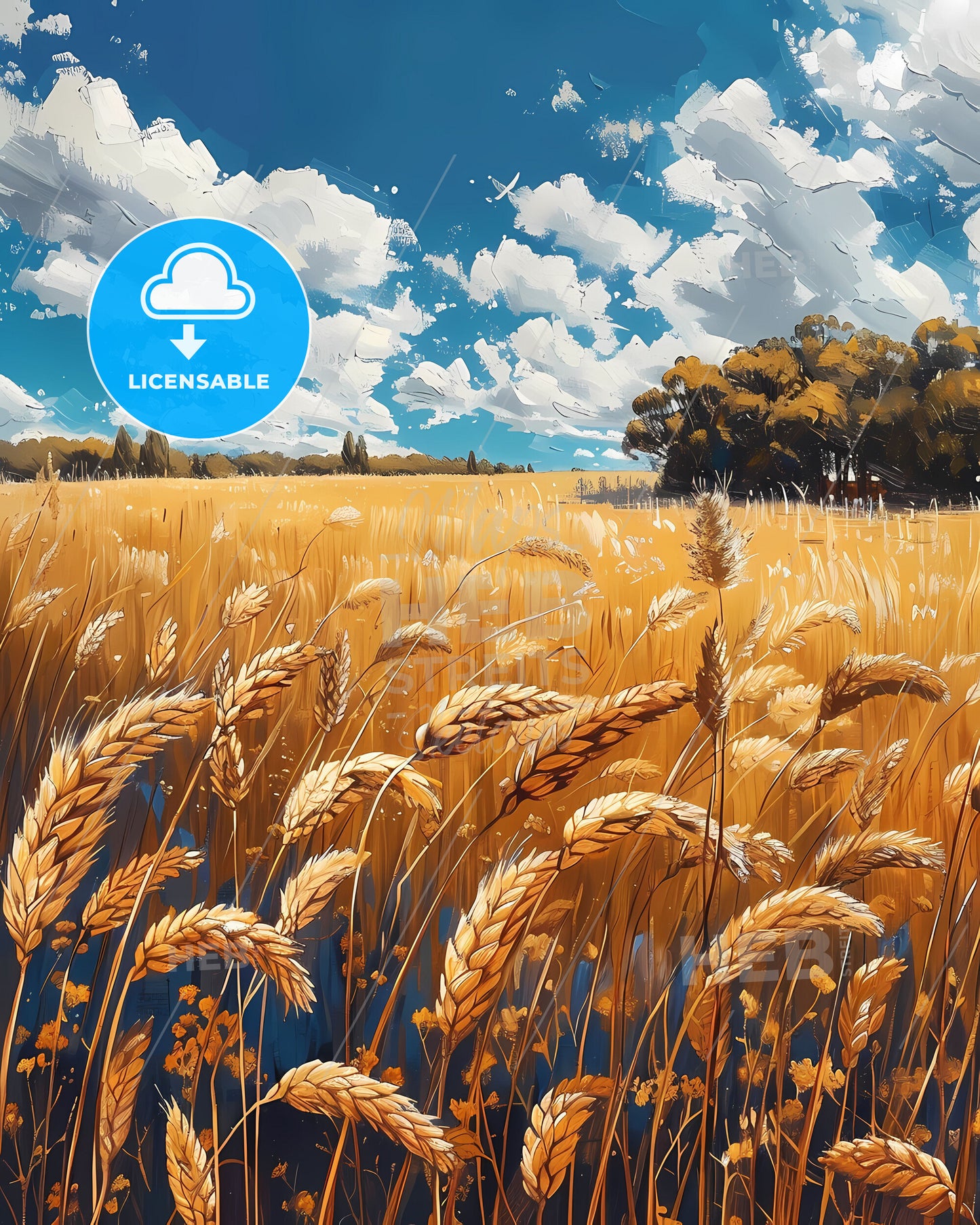 Artistic Wheat Field Painting from Argentina, South America, Featuring Trees and Expansive Blue Sky