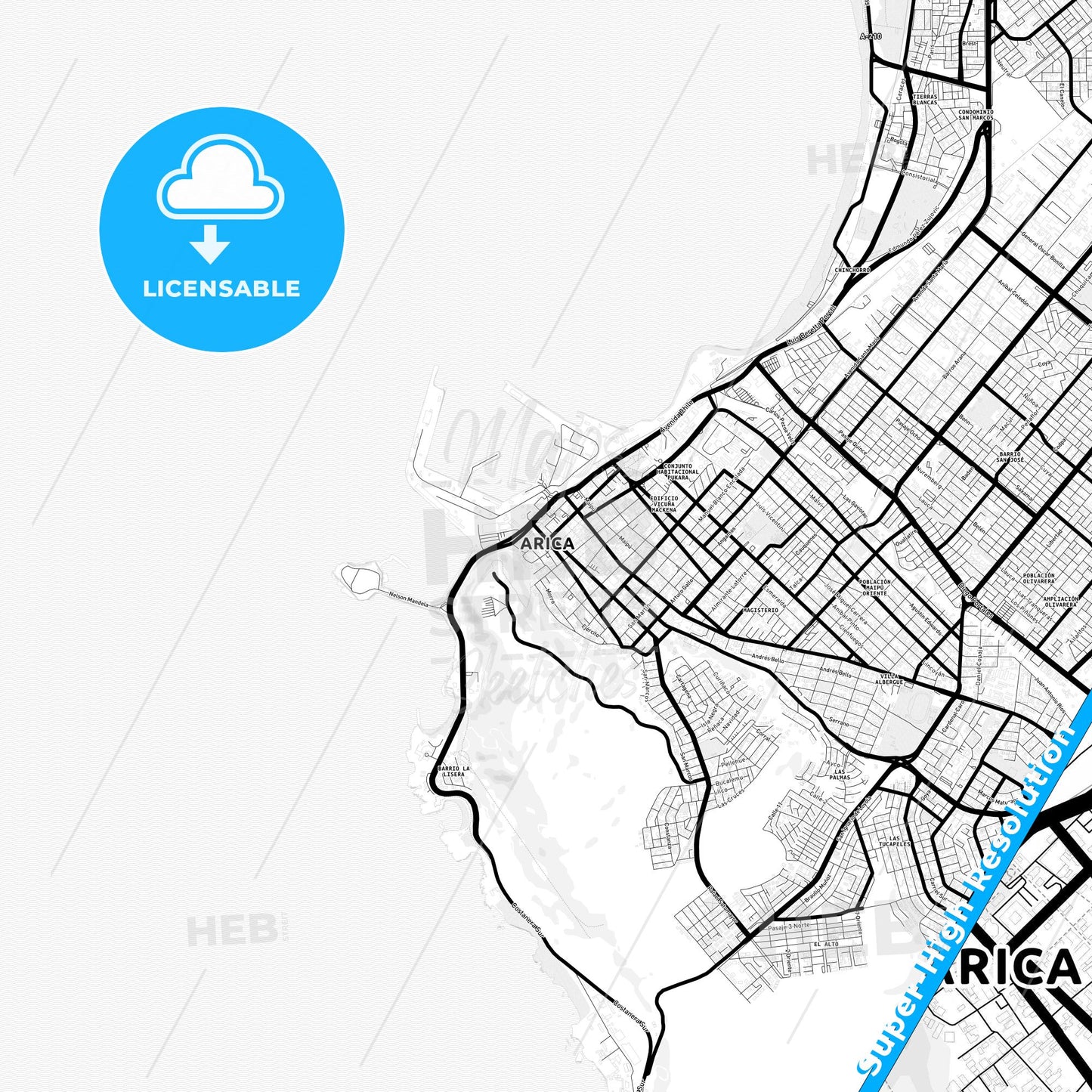 Arica, Chile Light Map with Street Names, City Names, and Districts