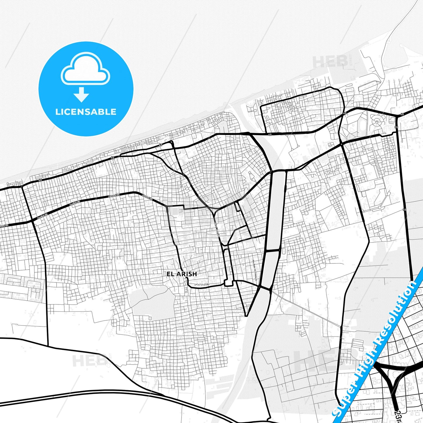 Arish, Egypt Light Map with Street Names, City Names, and Districts