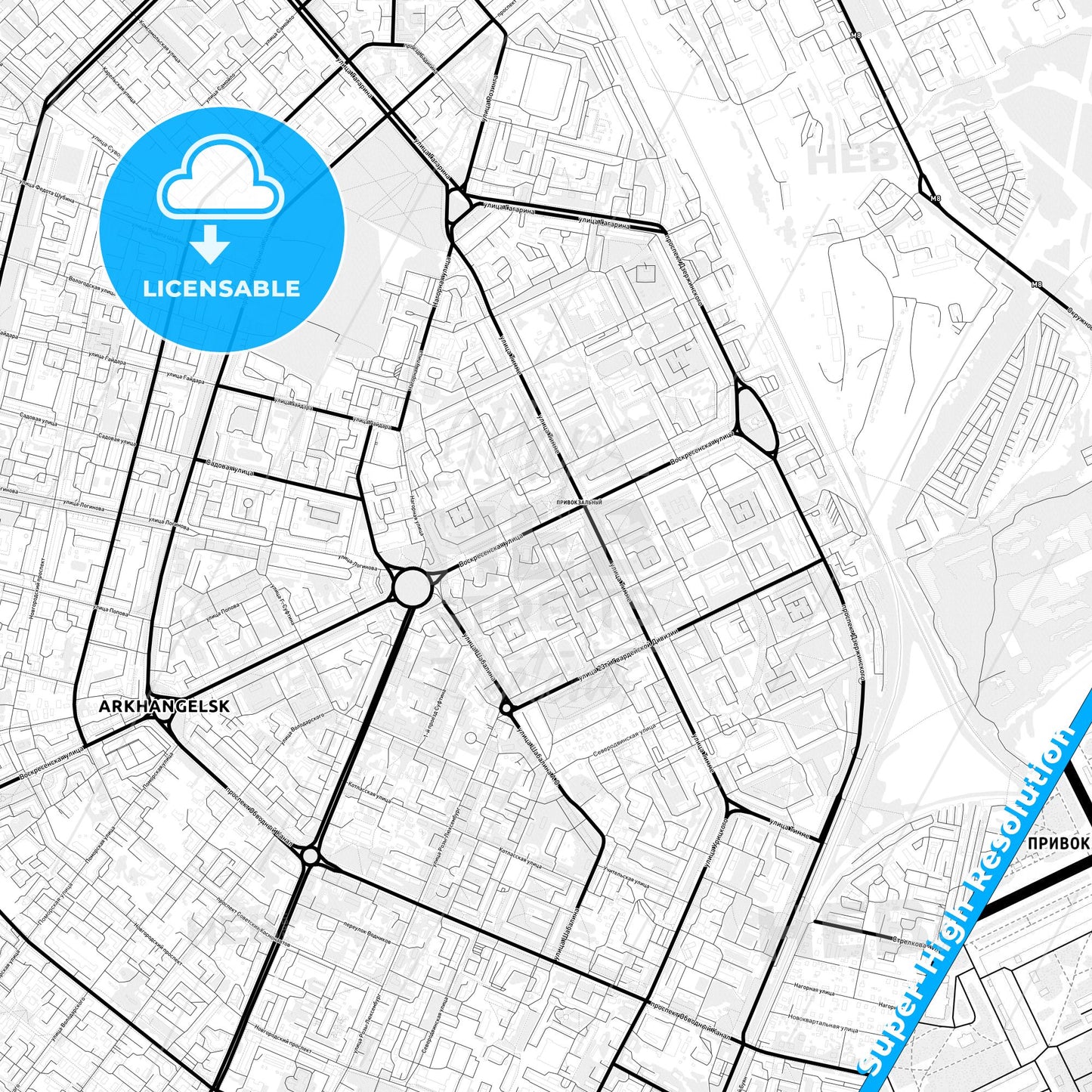 Arkhangelsk, Russia Light Map with Street Names, City Names, and Districts