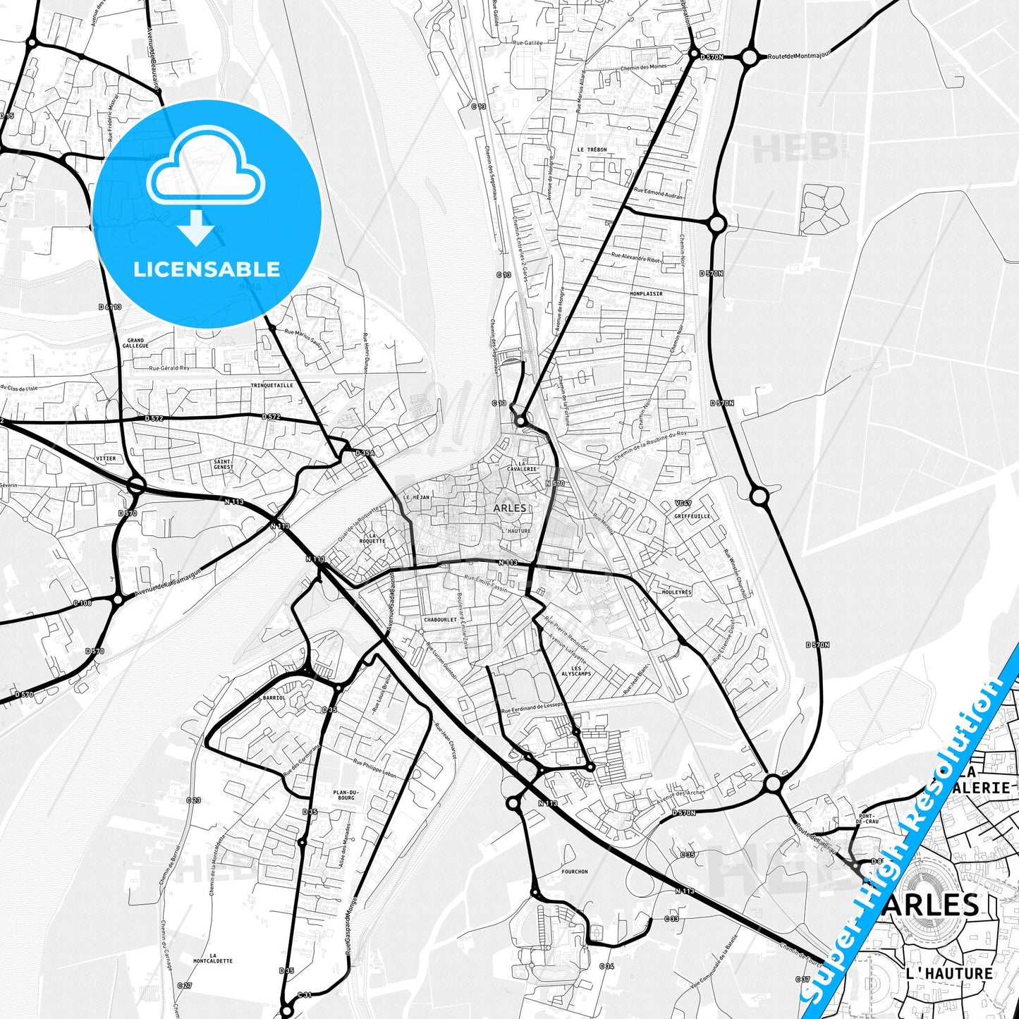 Arles, France Light Map with Street Names, City Names, and Districts
