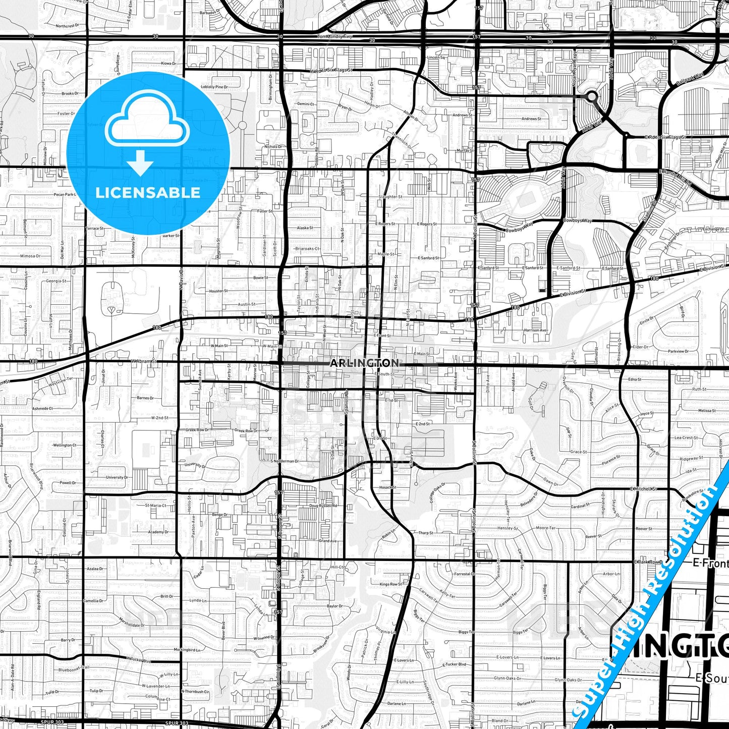 Arlington, Texas Light Map with Street Names, City Names, and Districts