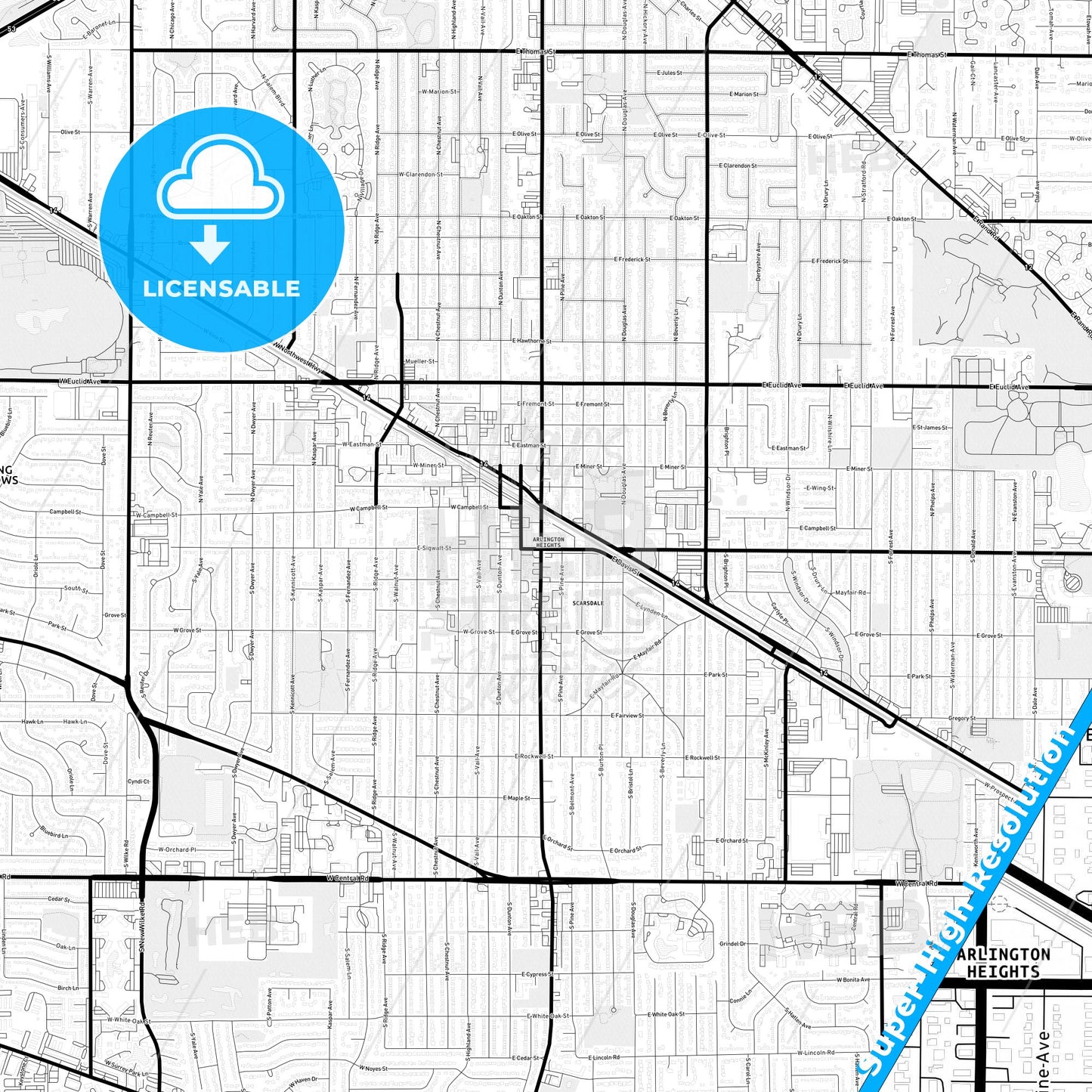 Arlington Heights, Illinois Light Map with Street Names, City Names, and Districts
