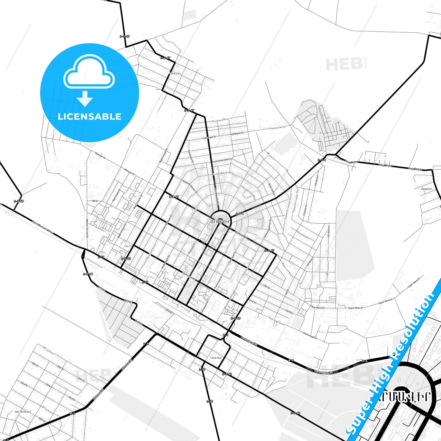 Armavir, Armenia Light Map with Street Names, City Names, and Districts