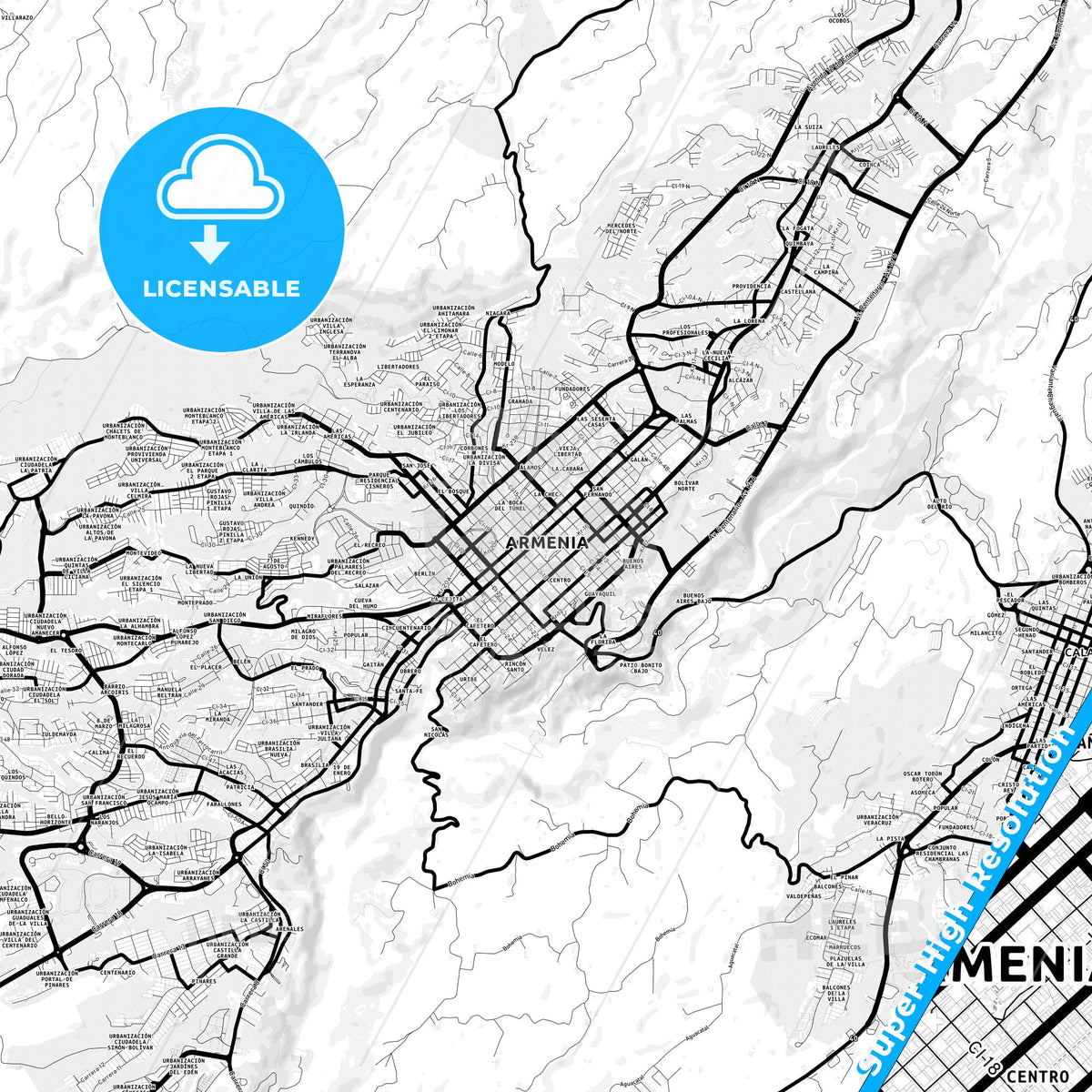 Armenia, Colombia Light Map with Street Names, City Names, and Districts