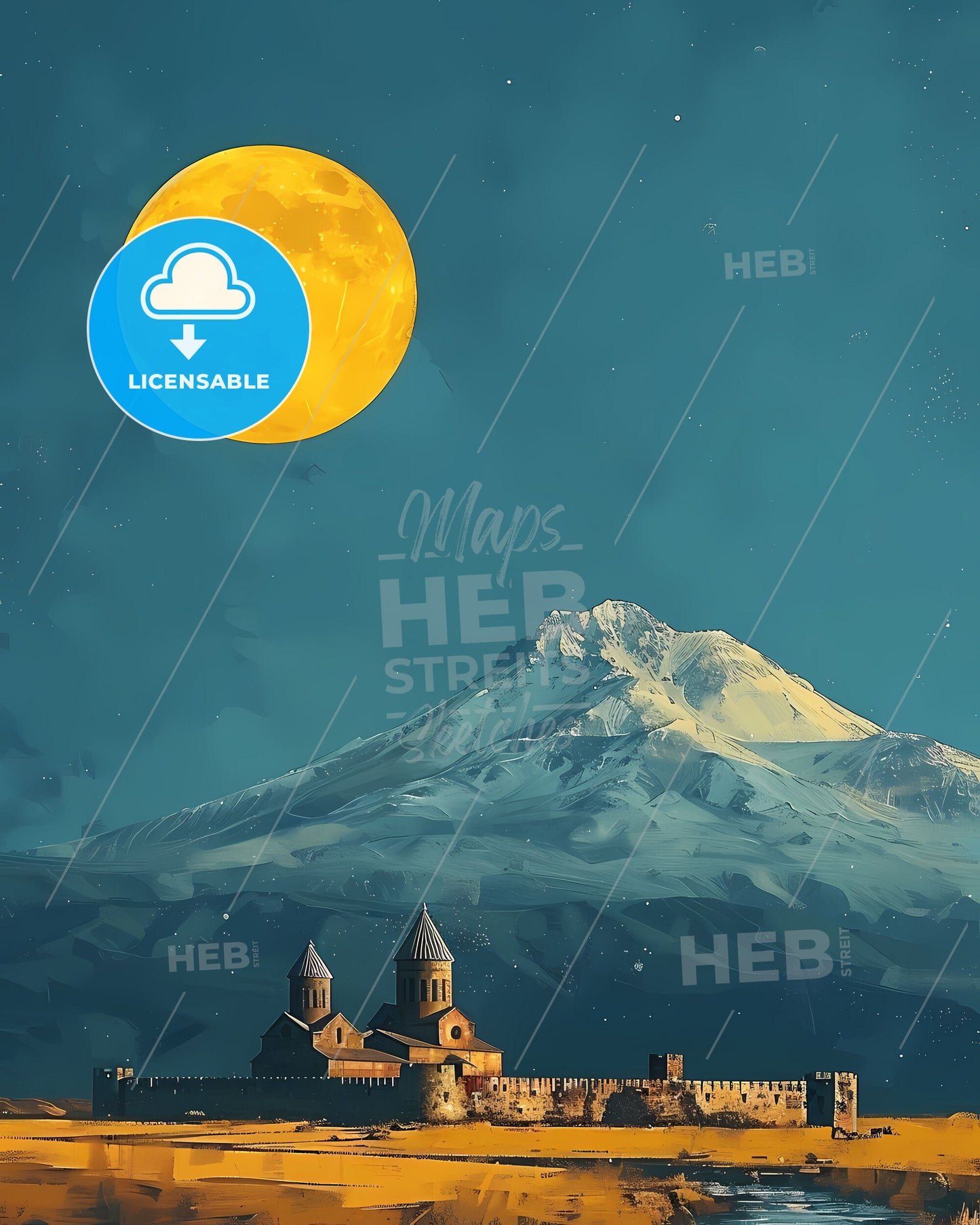 Vibrant Contemporary Painting of Moonlit Mountain Landscape in Armenia, Europe