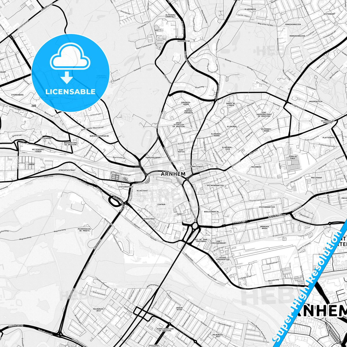 Arnhem, Netherlands Light Map with Street Names, City Names, and Districts