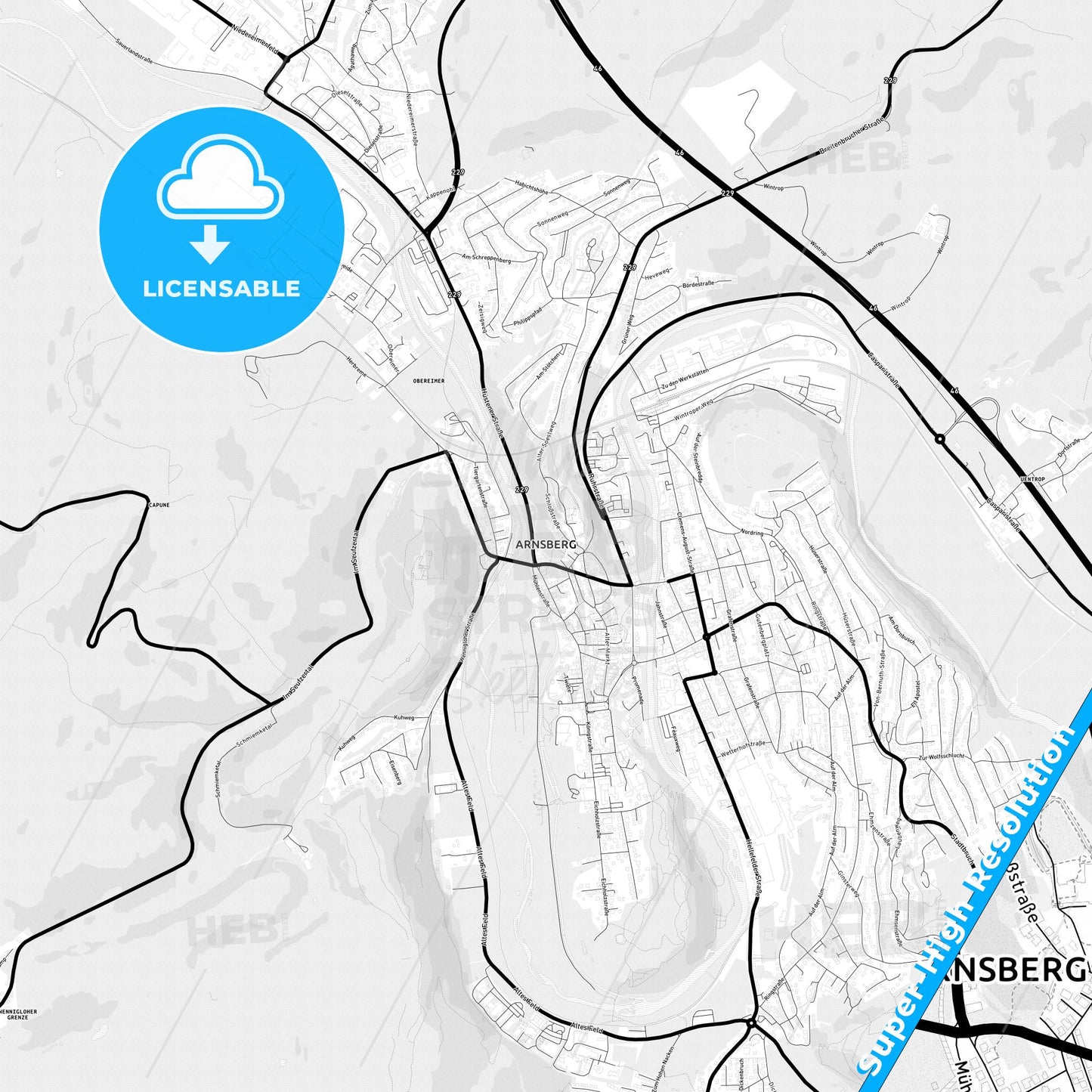 Arnsberg, Germany Light Map with Street Names, City Names, and Districts