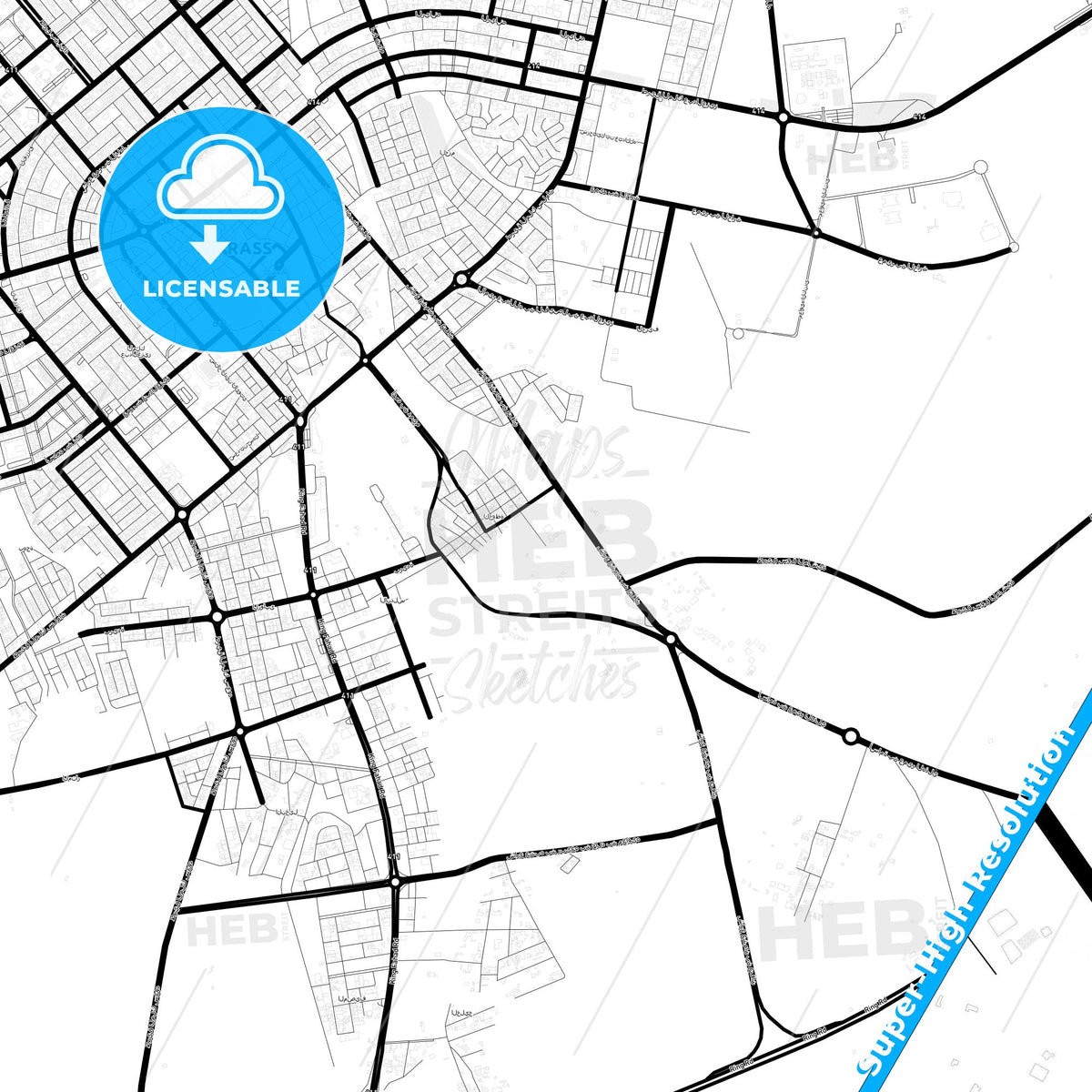Ar Rass, Saudi Arabia Light Map with Street Names, City Names, and Districts