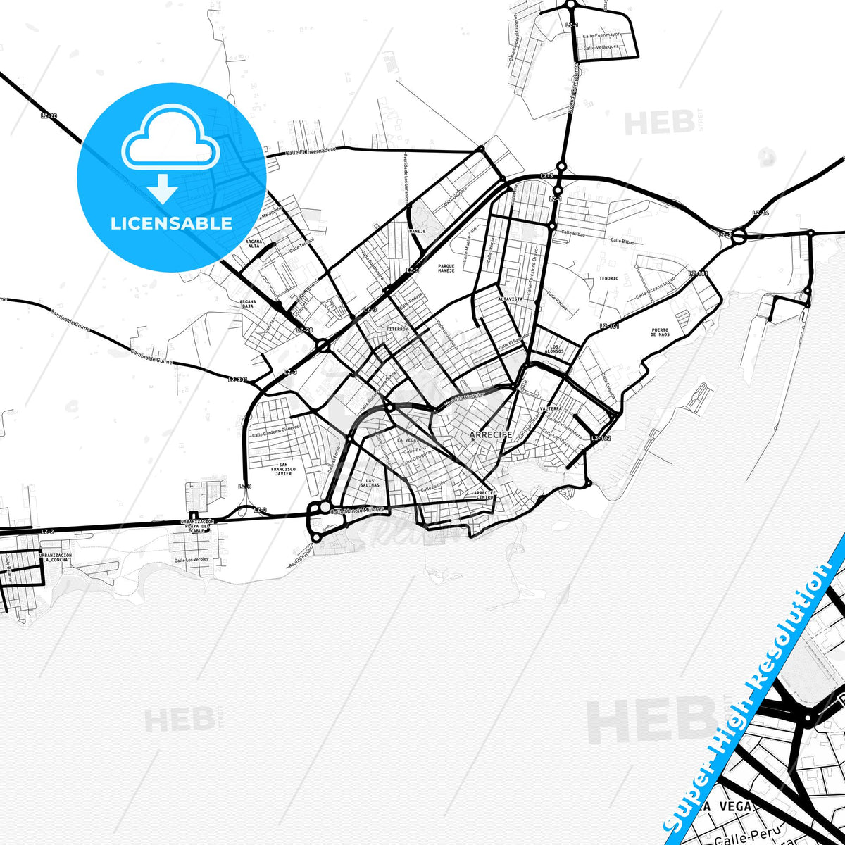 Arrecife, Spain Light Map with Street Names, City Names, and Districts
