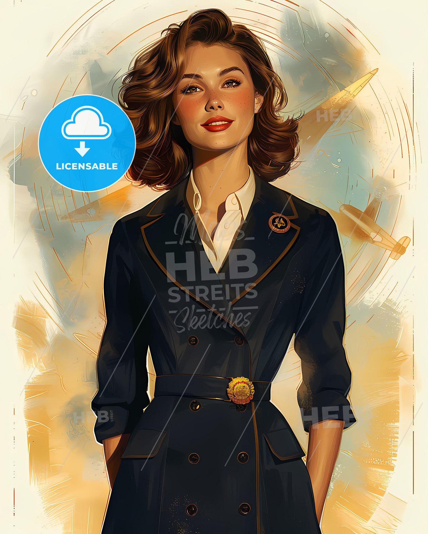 Art deco women propaganda pin-up painting in vibrant golden light, trench coat, balanced stride, chestnut brown bob, optimistic smile