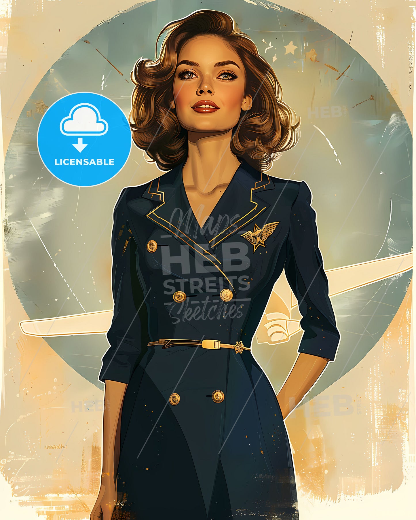 Art Deco Woman in Blue Dress Vintage Painting Retro Propaganda Art