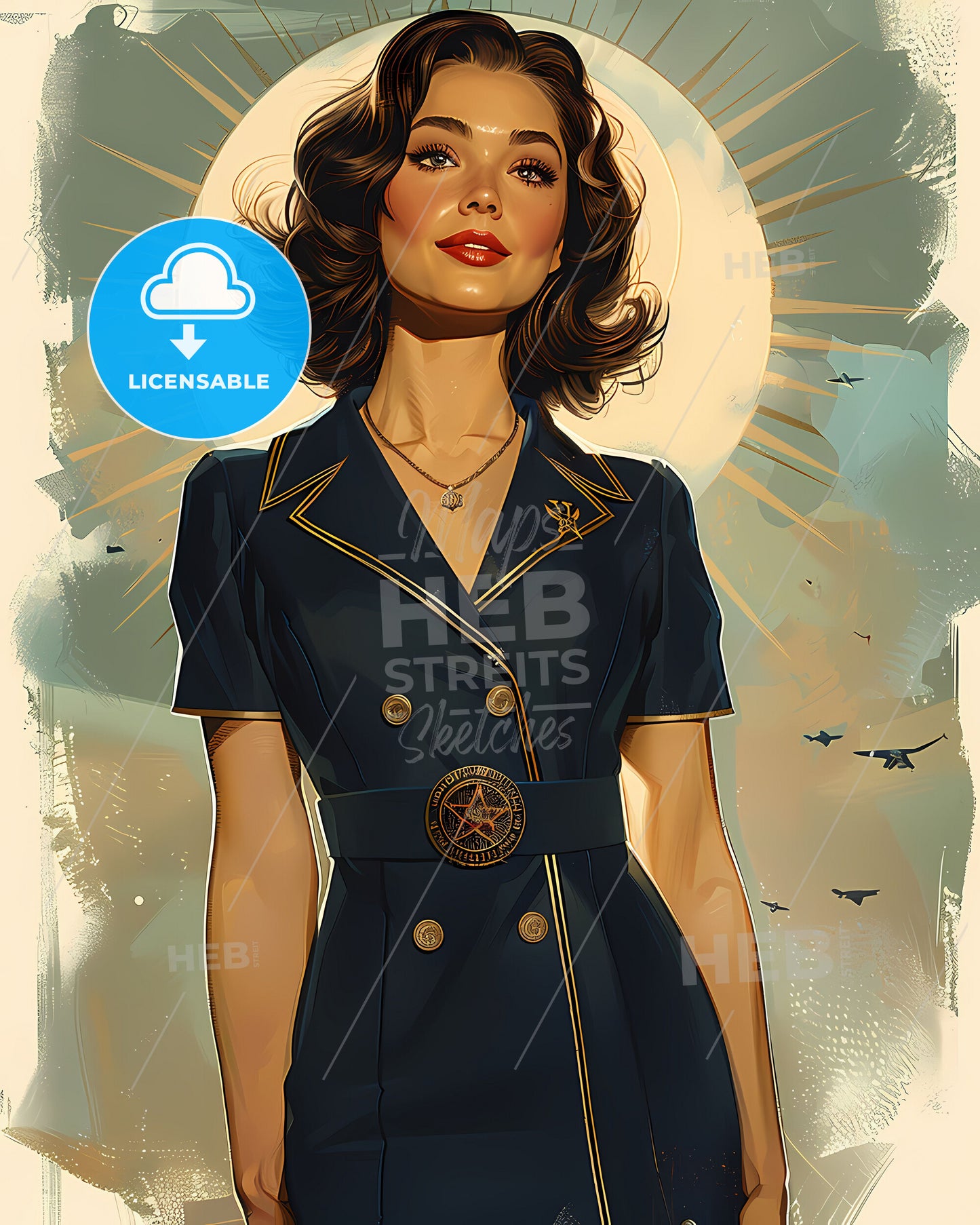 Art Deco Recruiting Propaganda: Golden Hour Pin-Up with Chestnut Bob in Blue Dress