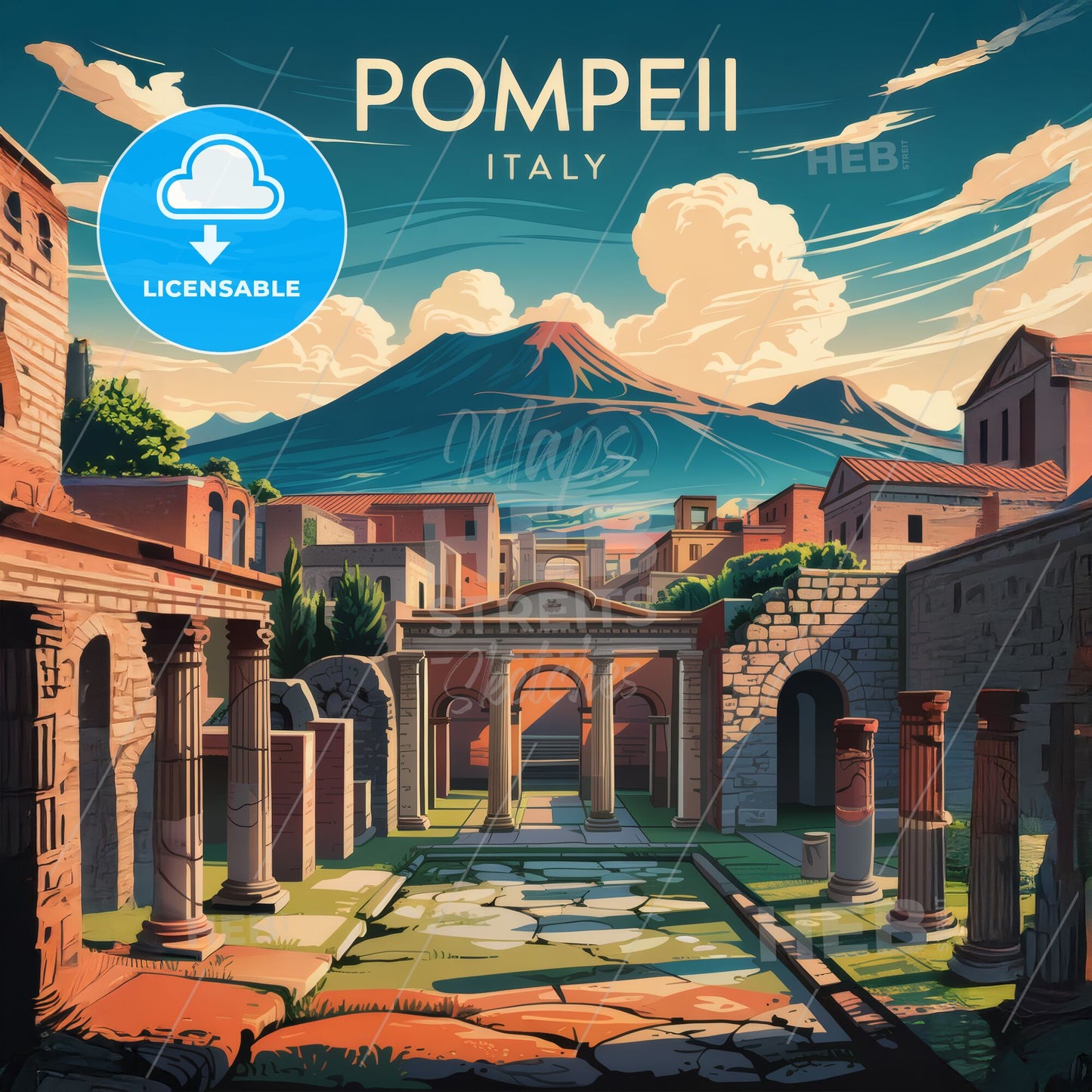 Art Deco Pompeii Travel Poster: Vibrant Retro View of Mount Vesuvius & Ruins