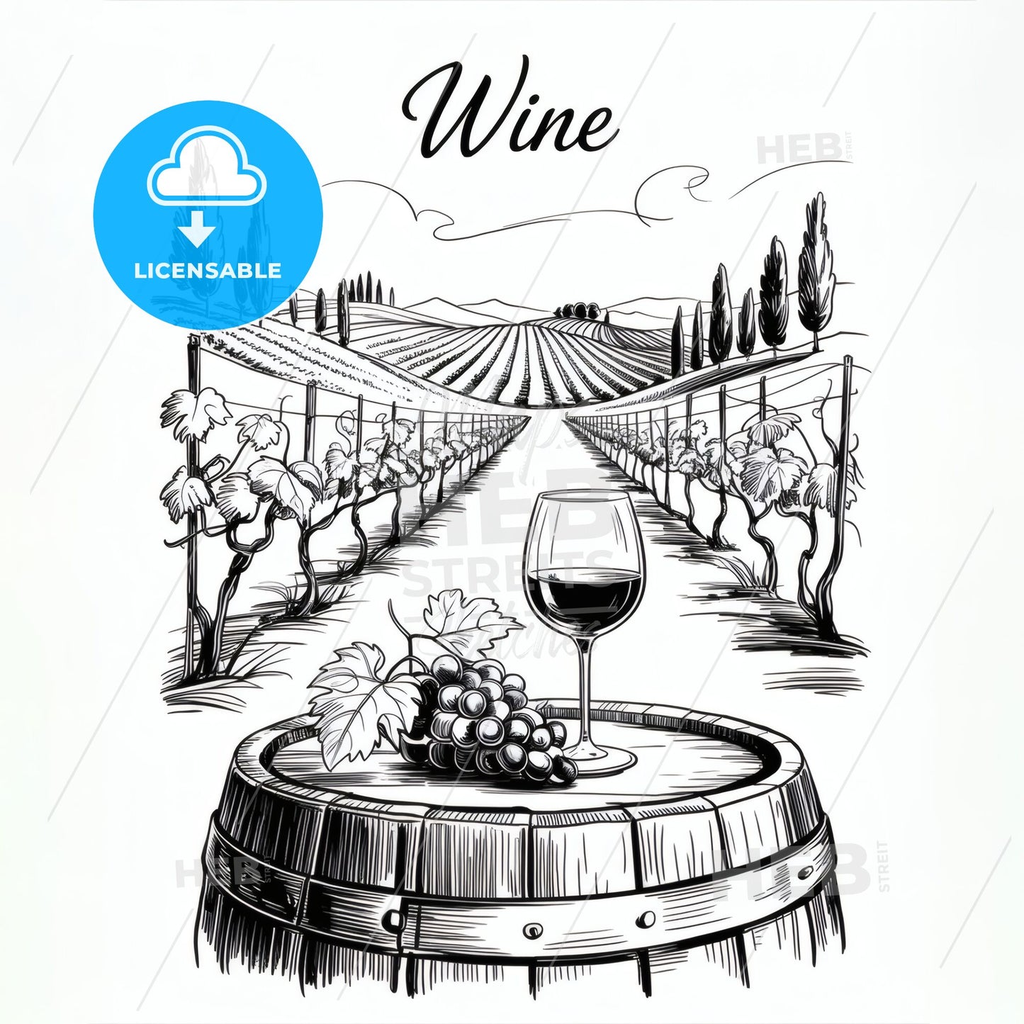 Artistic Illustration of Wine Glass and Grapes in a Beautiful Vineyard Landscape