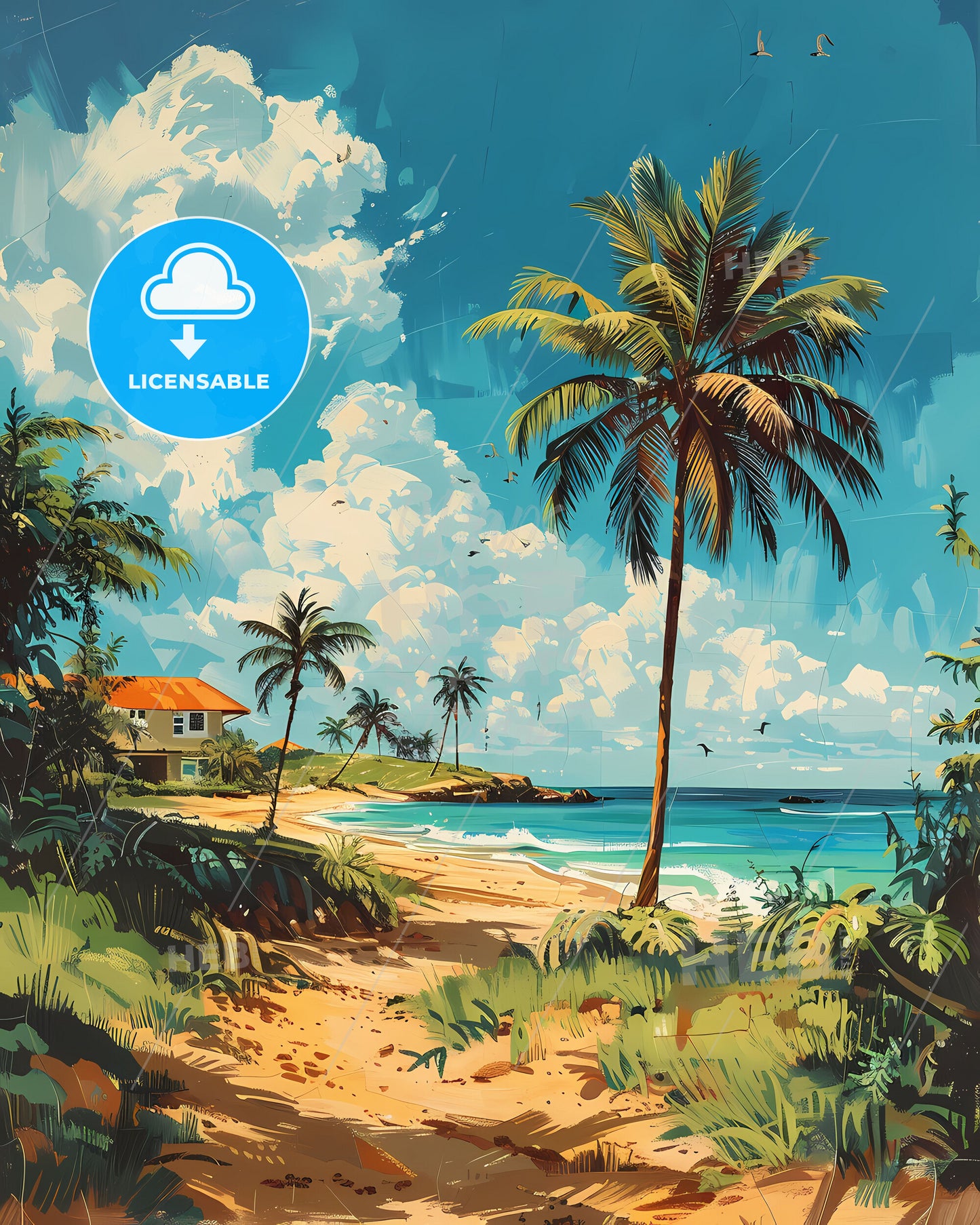 Abstract Caribbean Seaside Art: House and Palm Trees on Vibrant Tropical Beach