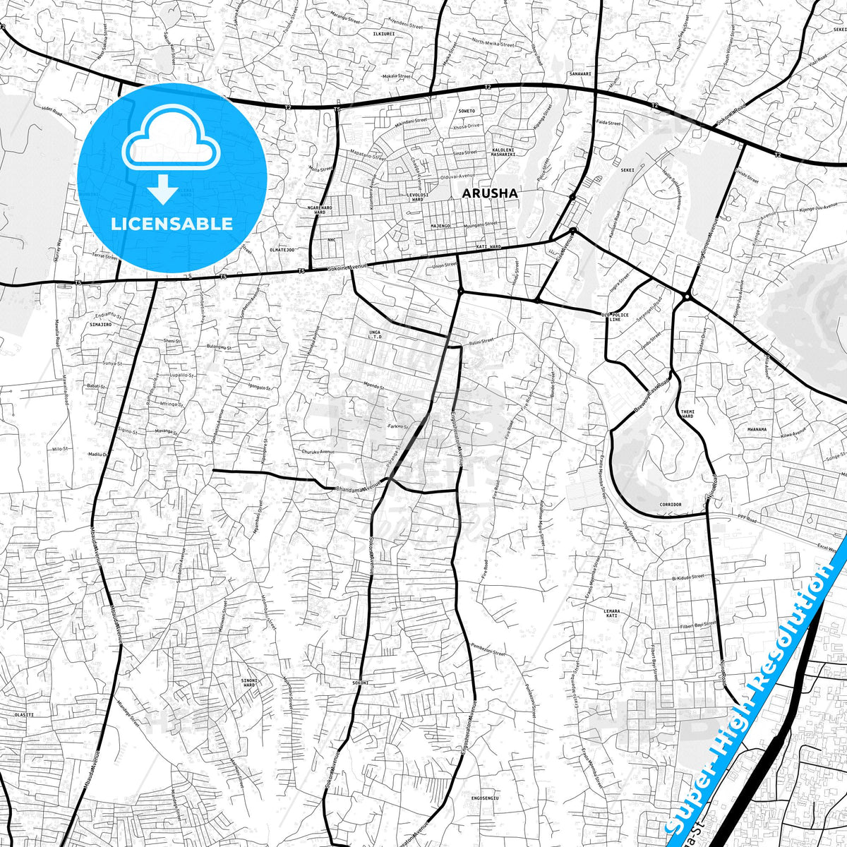 Arusha, Tanzania Light Map with Street Names, City Names, and Districts