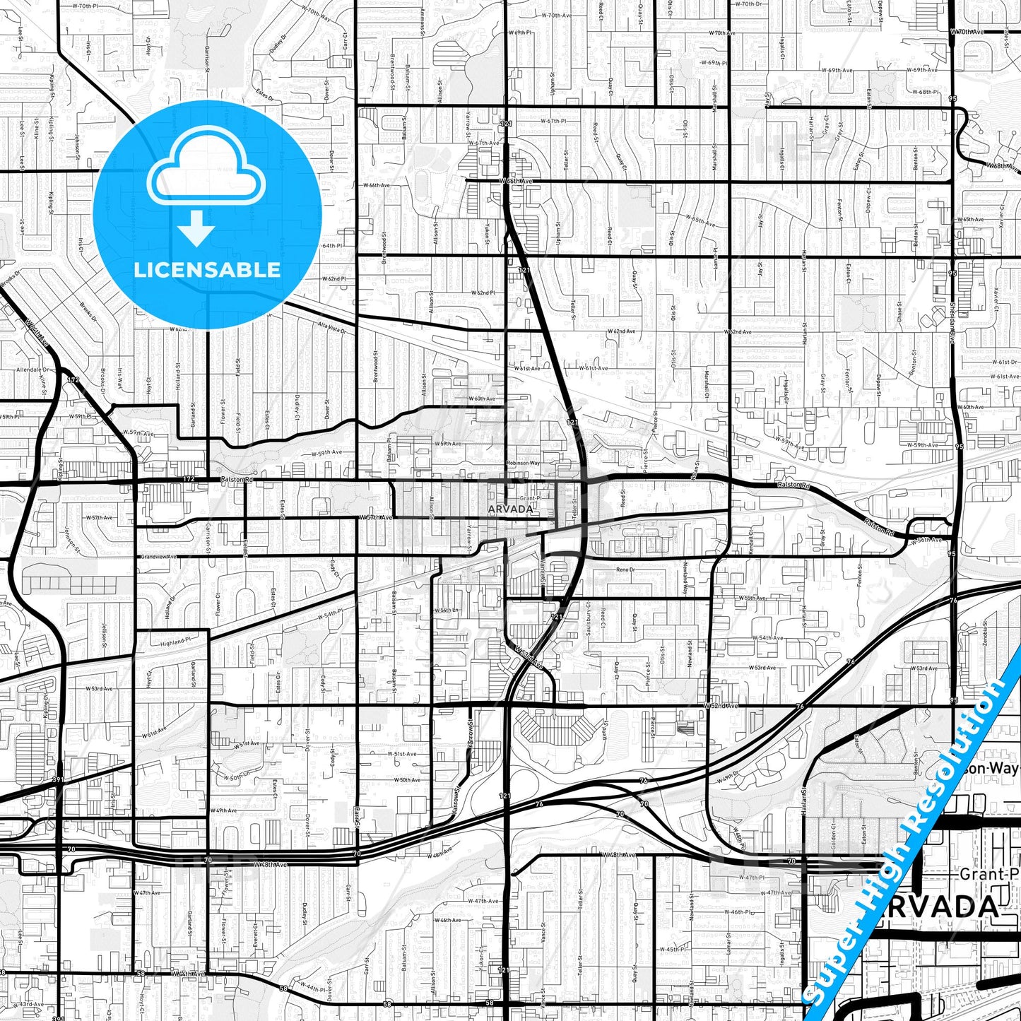 Arvada, Colorado Light Map with Street Names, City Names, and Districts