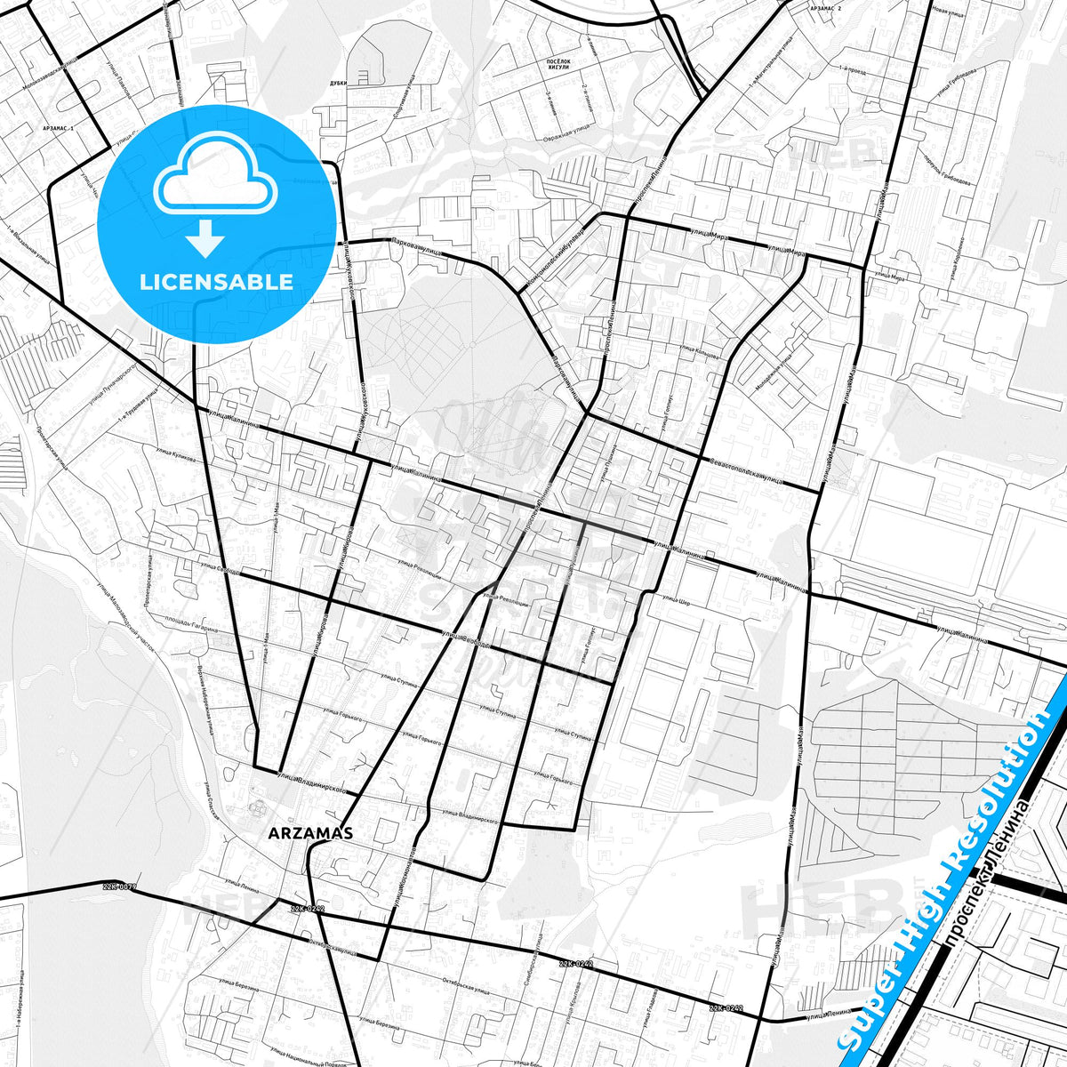 Arzamas, Russia Light Map with Street Names, City Names, and Districts