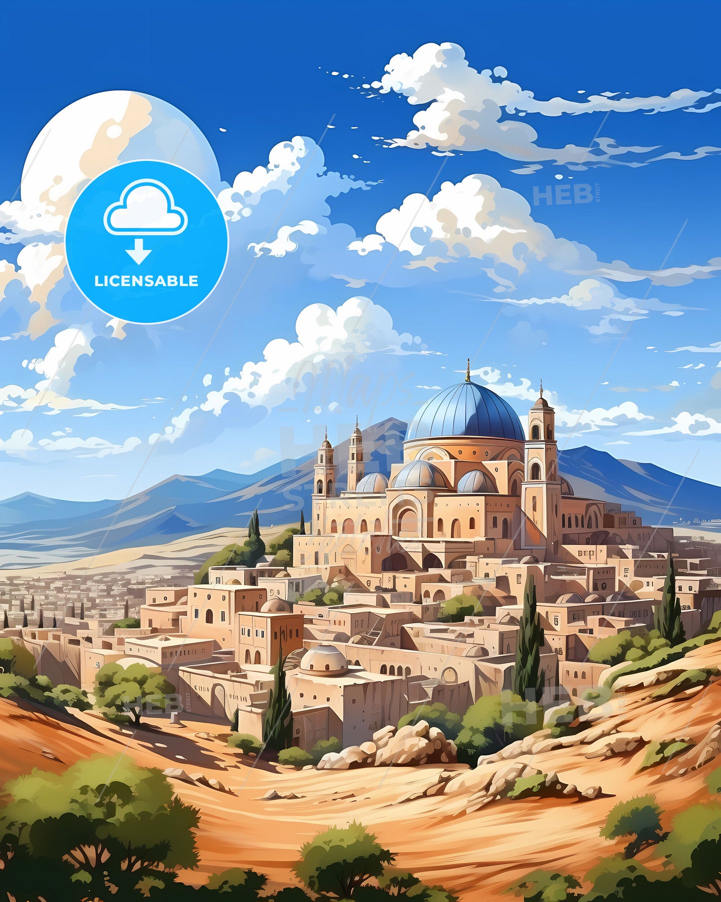 Vibrant Middle Eastern Cityscape Painting: Blue Dome and Desert