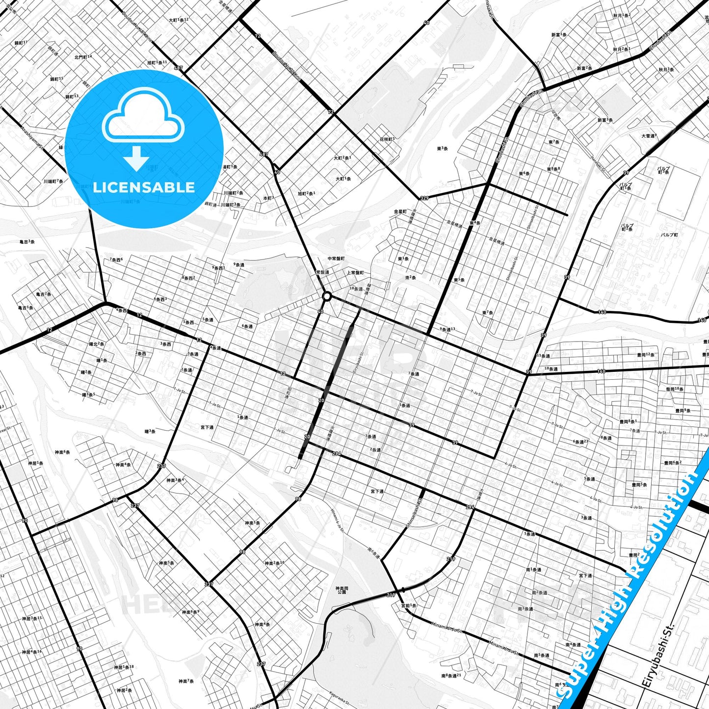 Asahikawa, Japan Light Map with Street Names, City Names, and Districts