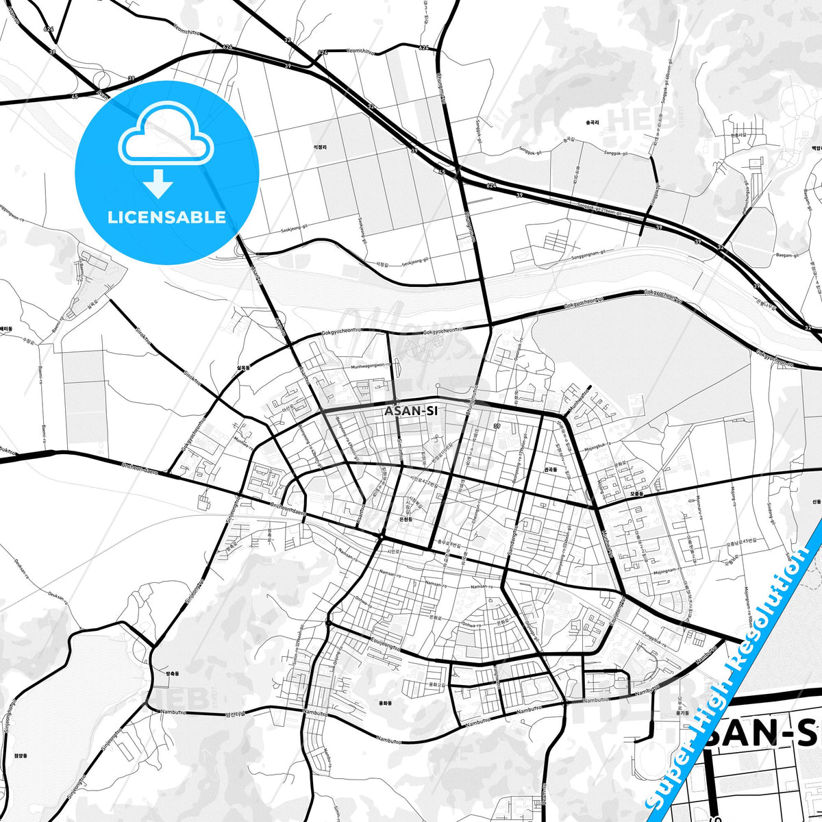 Asan, South Korea Light Map with Street Names, City Names, and Districts
