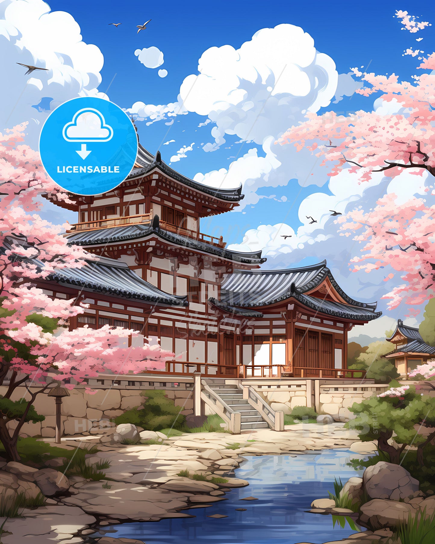 Abstract Painting of Asan Skyline, South Korea Featuring Building, Pond, and Trees