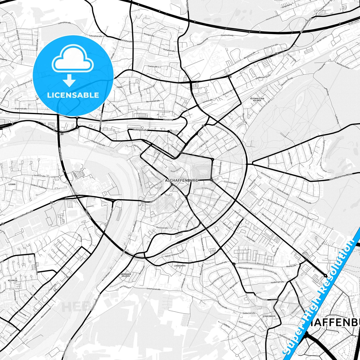Aschaffenburg, Germany Light Map with Street Names, City Names, and Districts