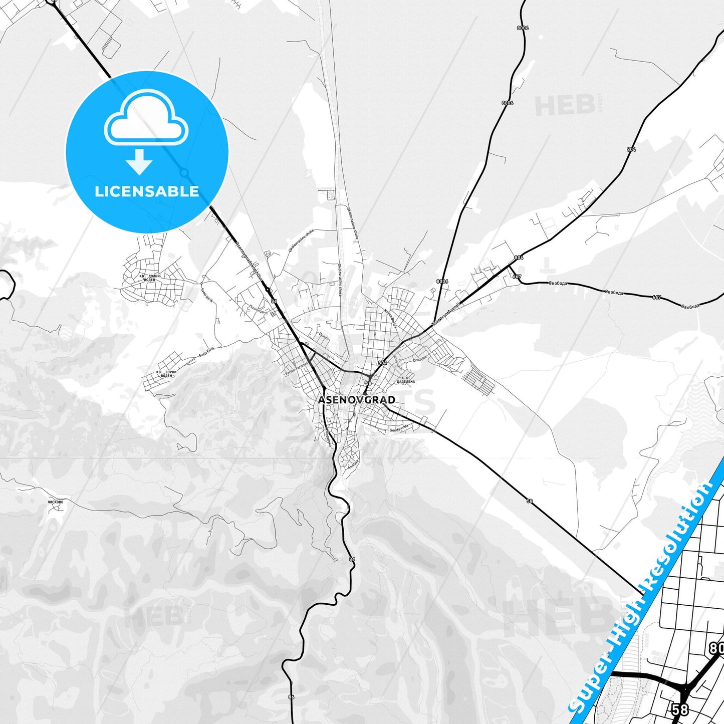 Asenovgrad, Bulgaria Light Map with Street Names, City Names, and Districts