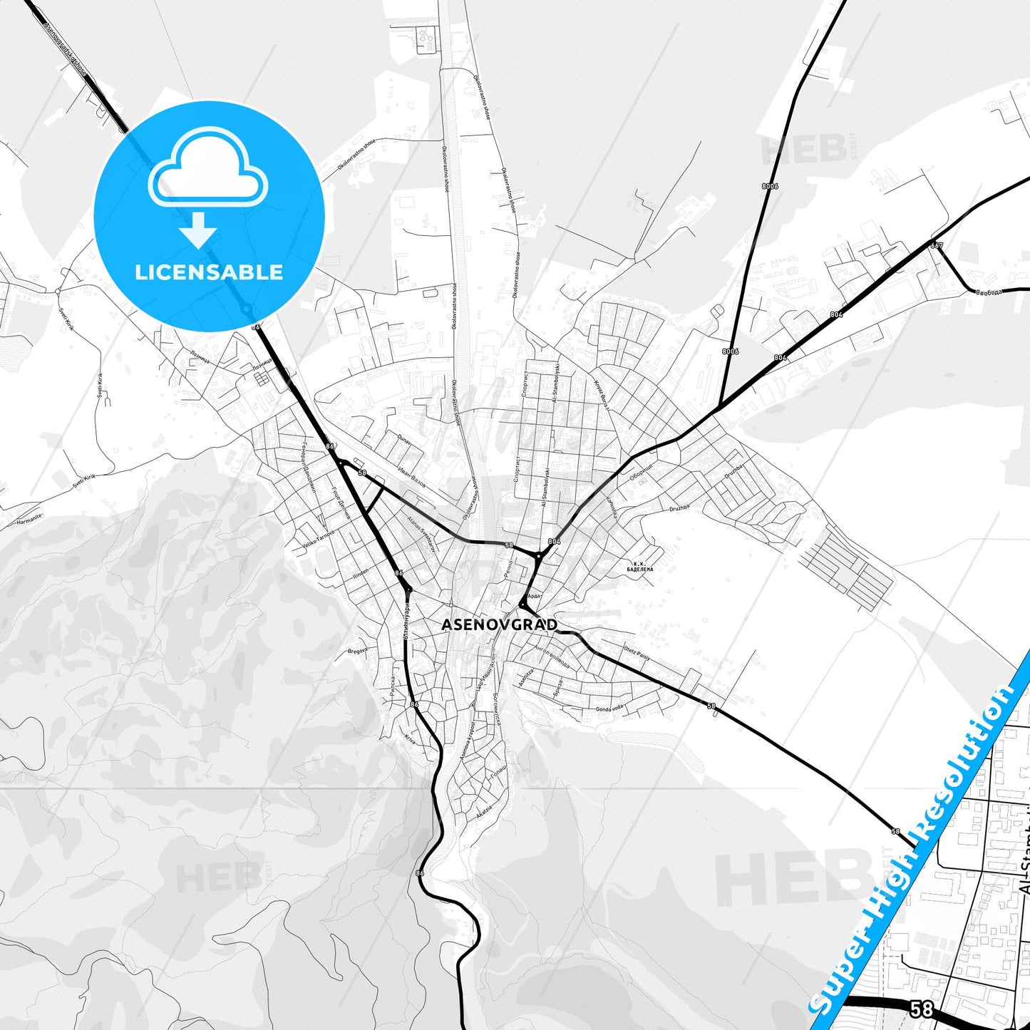 Asenovgrad, Bulgaria Light Map with Street Names, City Names, and Districts
