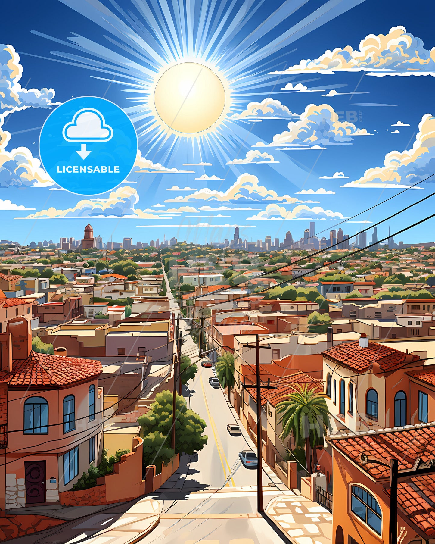 Artistic Cityscape Painting: Vibrant Ashdod Israel Skyline with Detailed Road and Vehicles