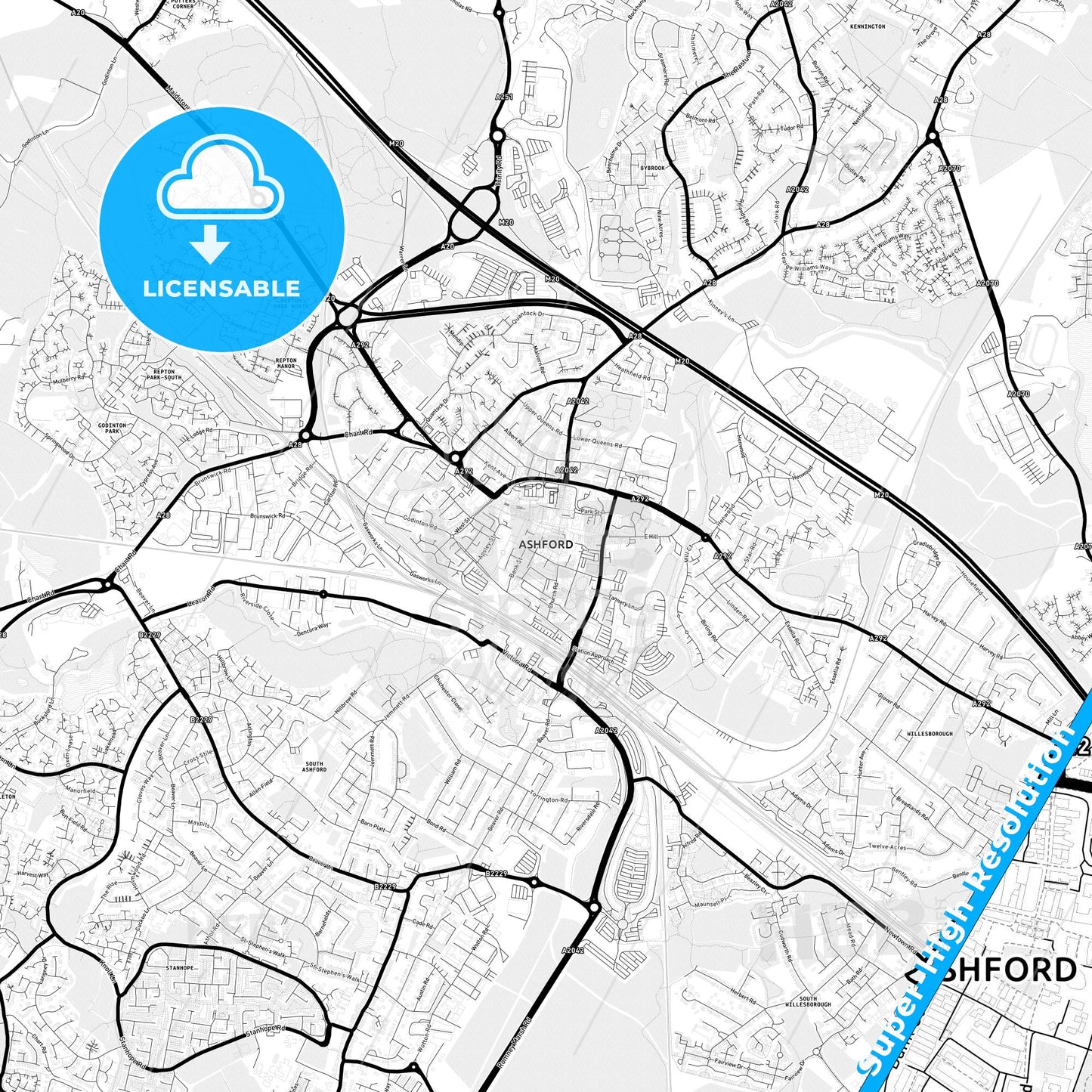Ashford, England Light Map with Street Names, City Names, and Districts